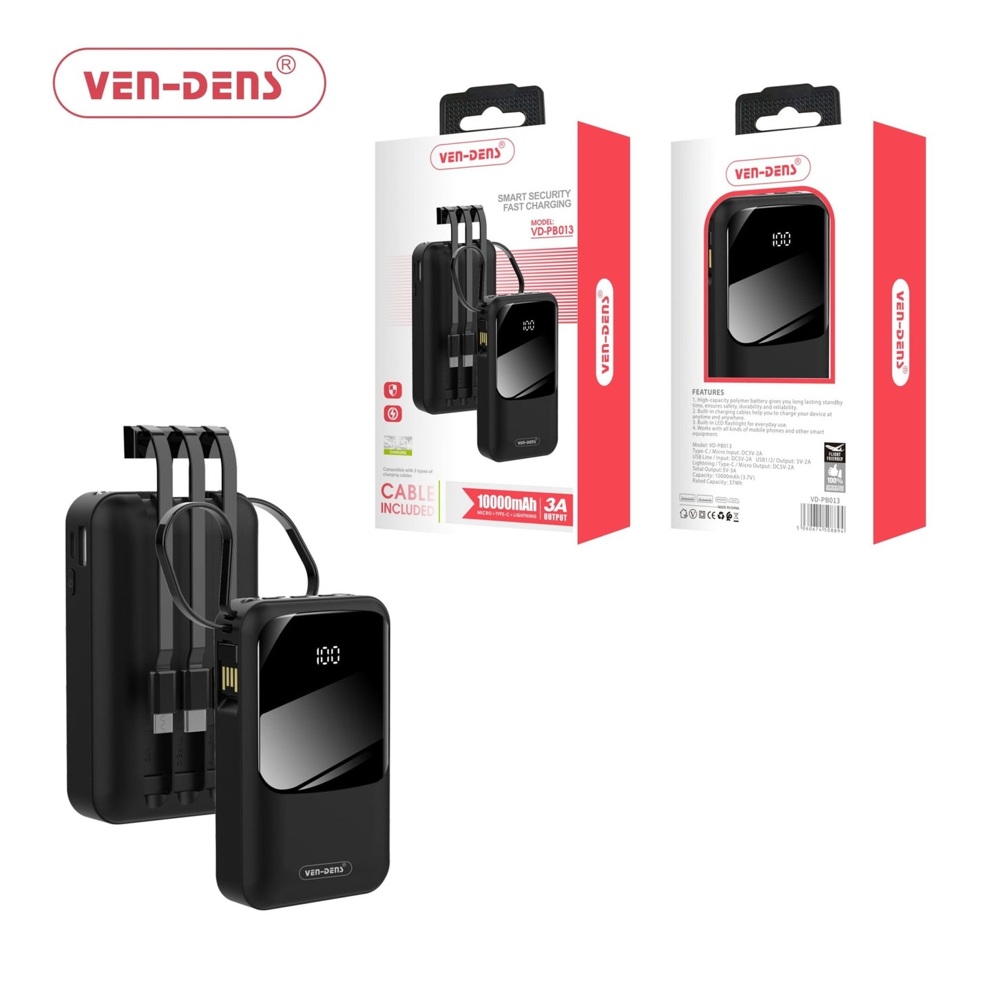 10000mAH Power Bank Fast Charging 3 Type of Universal Cables for Mobile Phones - Virk Tech Solutions