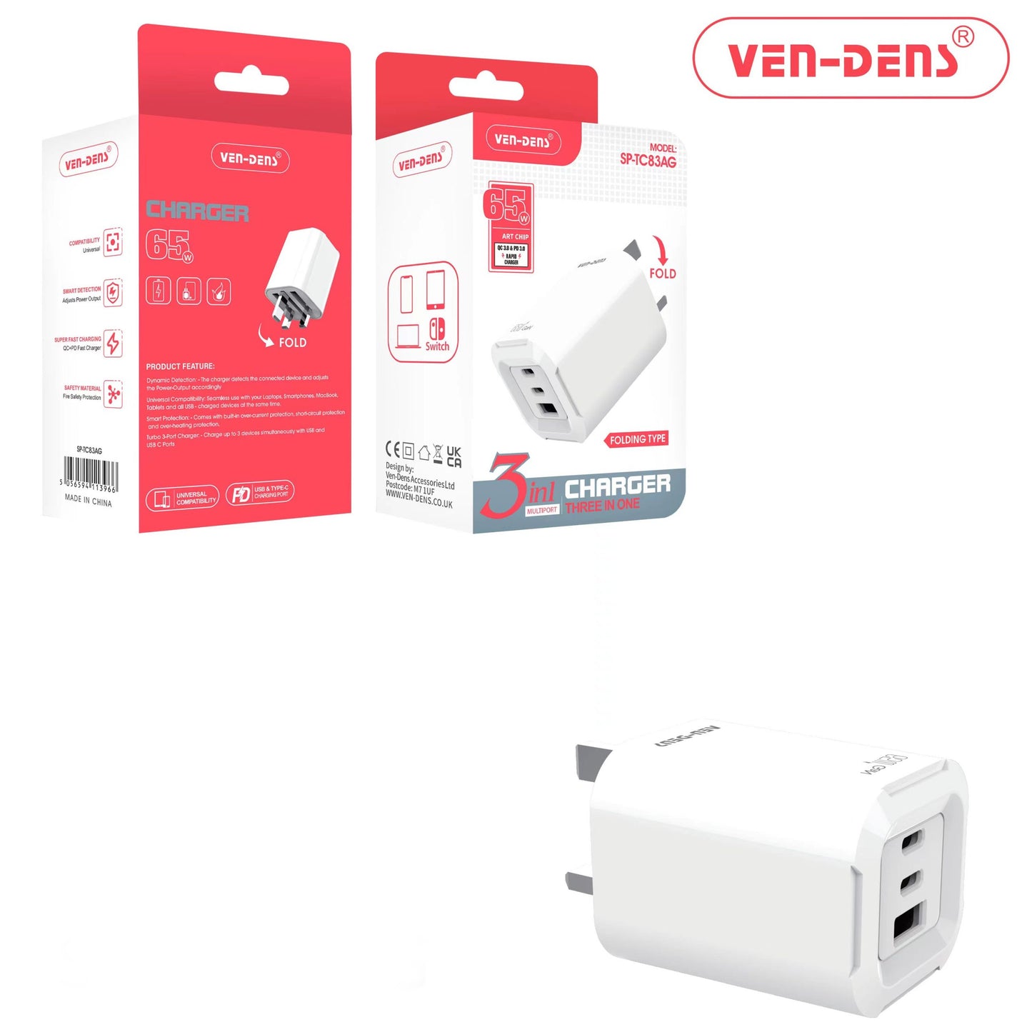 Ven Dens 65W GaN Charger USB & Type-C 3 in 1 Multi Port Charger Folding Plug (SP-TC83AG)