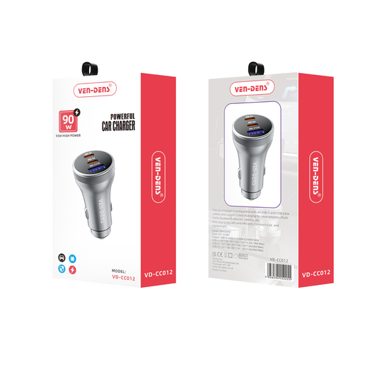 90W Fast Car Charger with Type-C and 2 USB Ports Portable for iPhone, Samsung