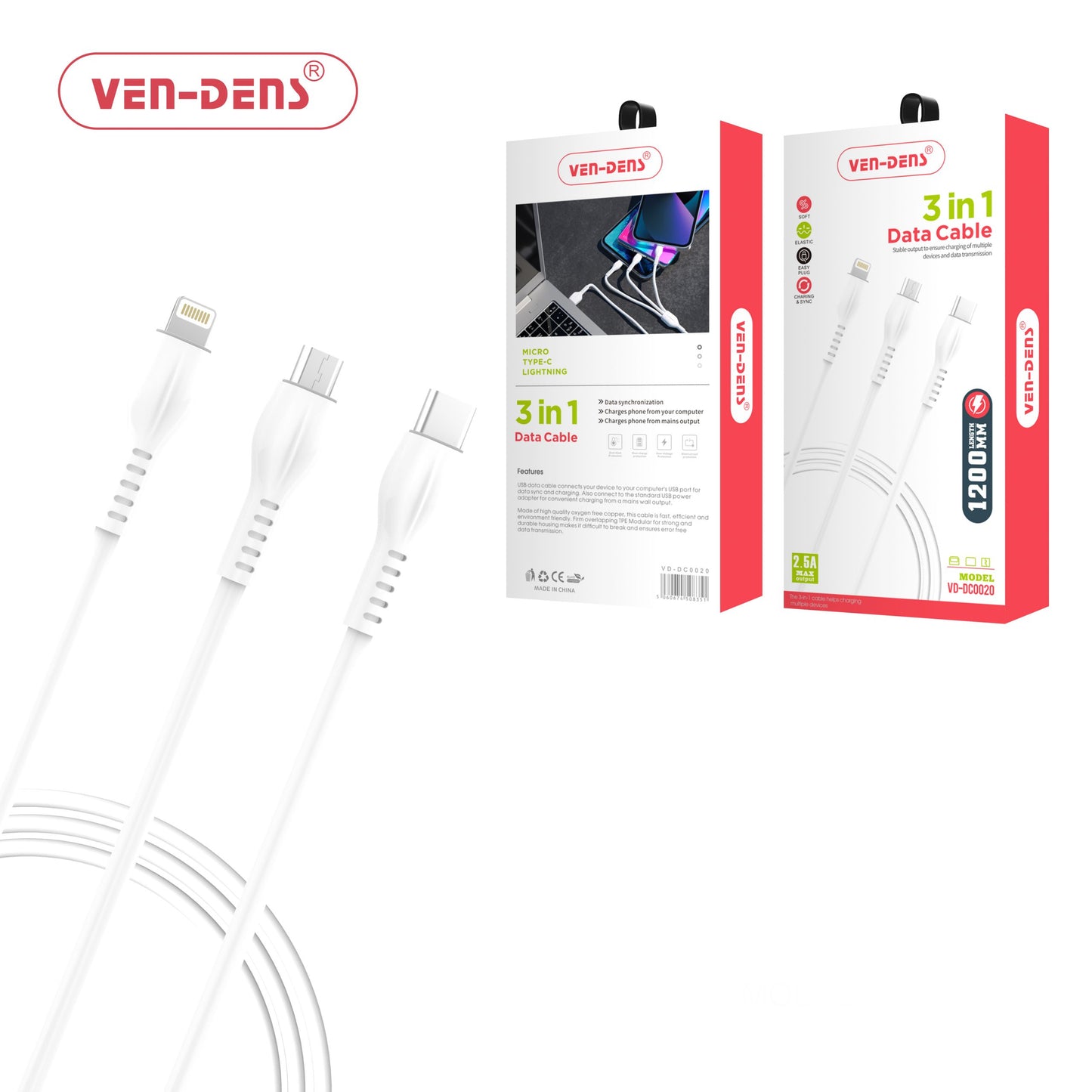 3 in 1 Fast Data Sync and Charging Cable For iPhone, Samsung, Android and Others