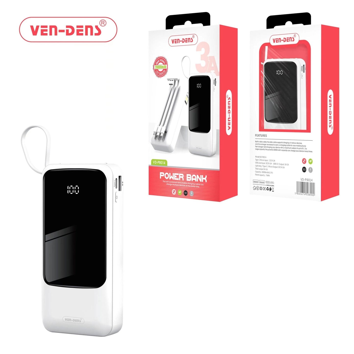 Fast Charging Portable Power Bank 20000mAh 3 Type of Charging Cable for Mobiles - Virk Tech Solutions