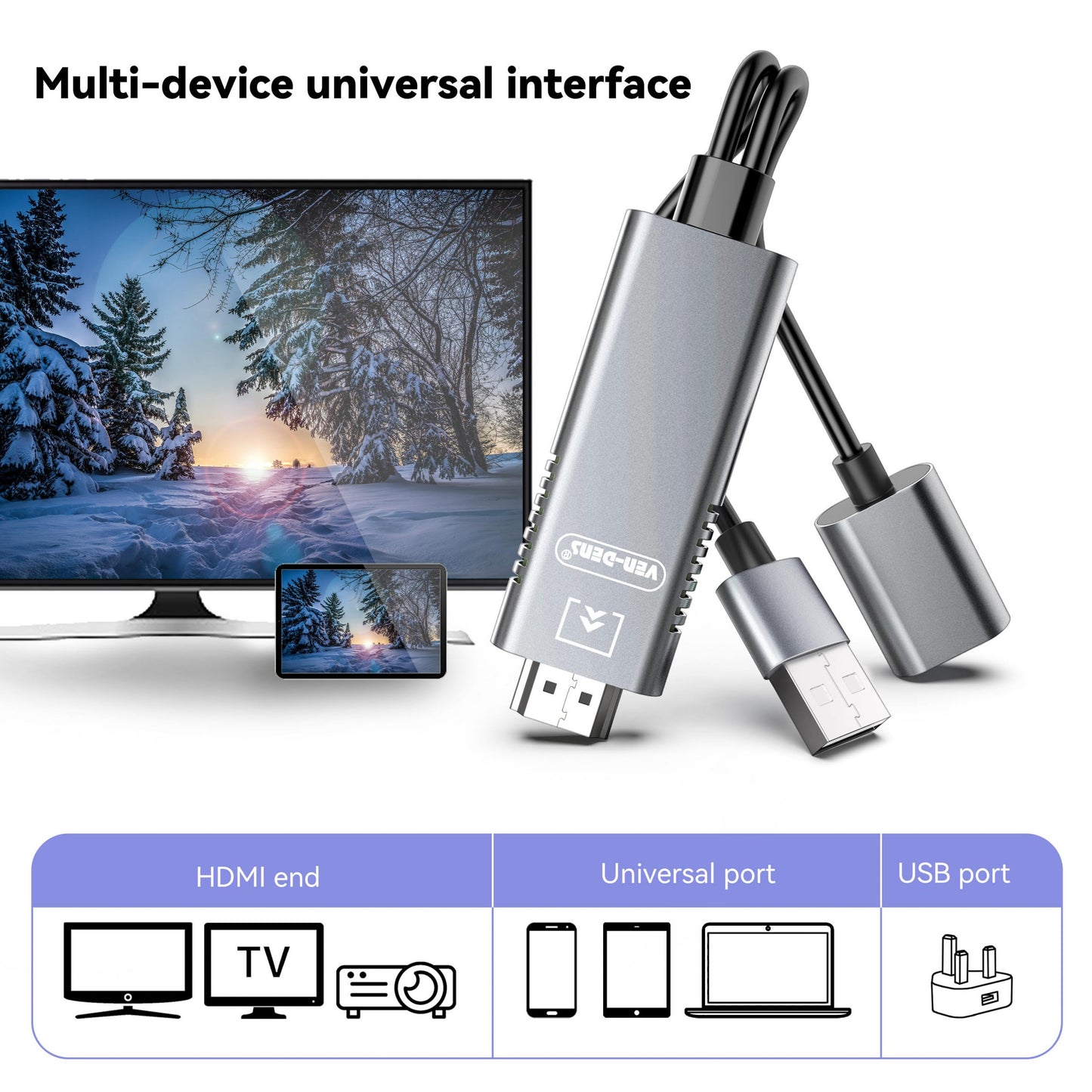 3 in 1 iPhone, USB, Micro to HDMI TV/HDTV Video Converter Cable 4K For phone