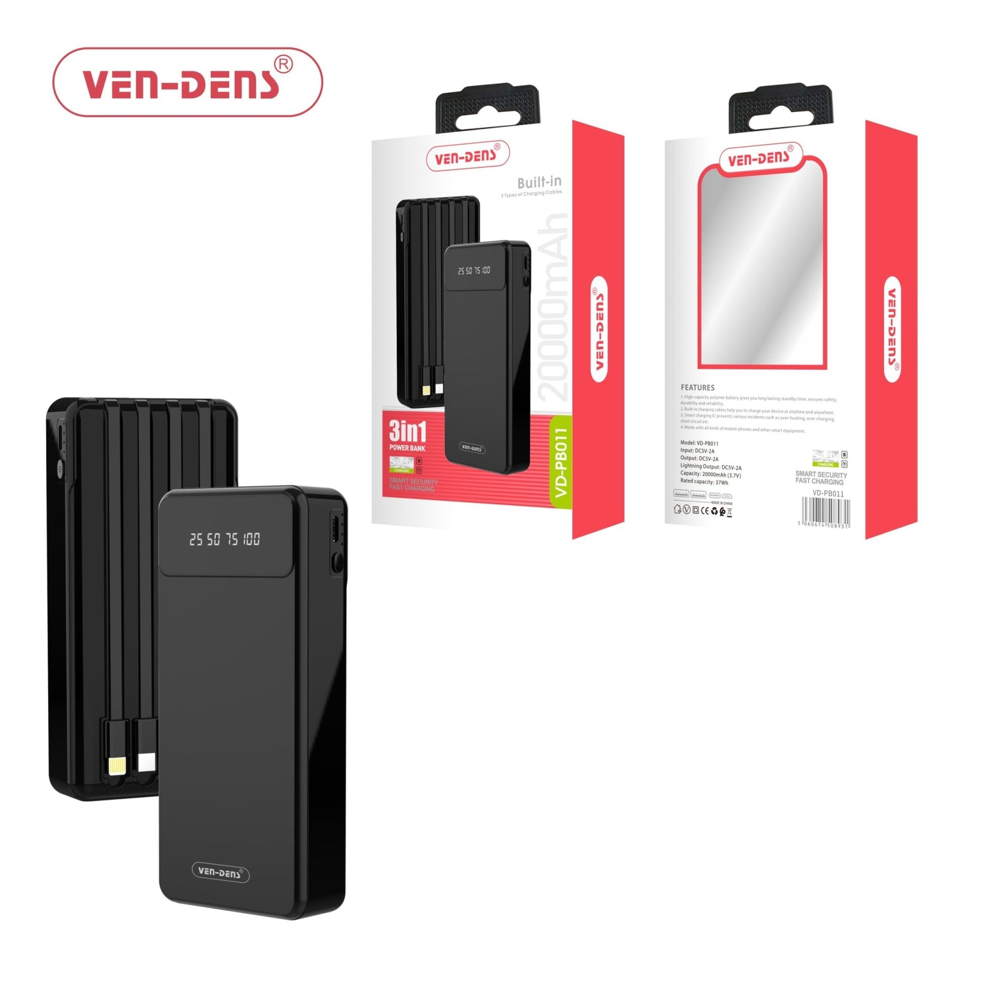 20000mAH Power Bank Fast Charging 3 Bulletin Universal Cables for Mobile Phones - Virk Tech Solutions