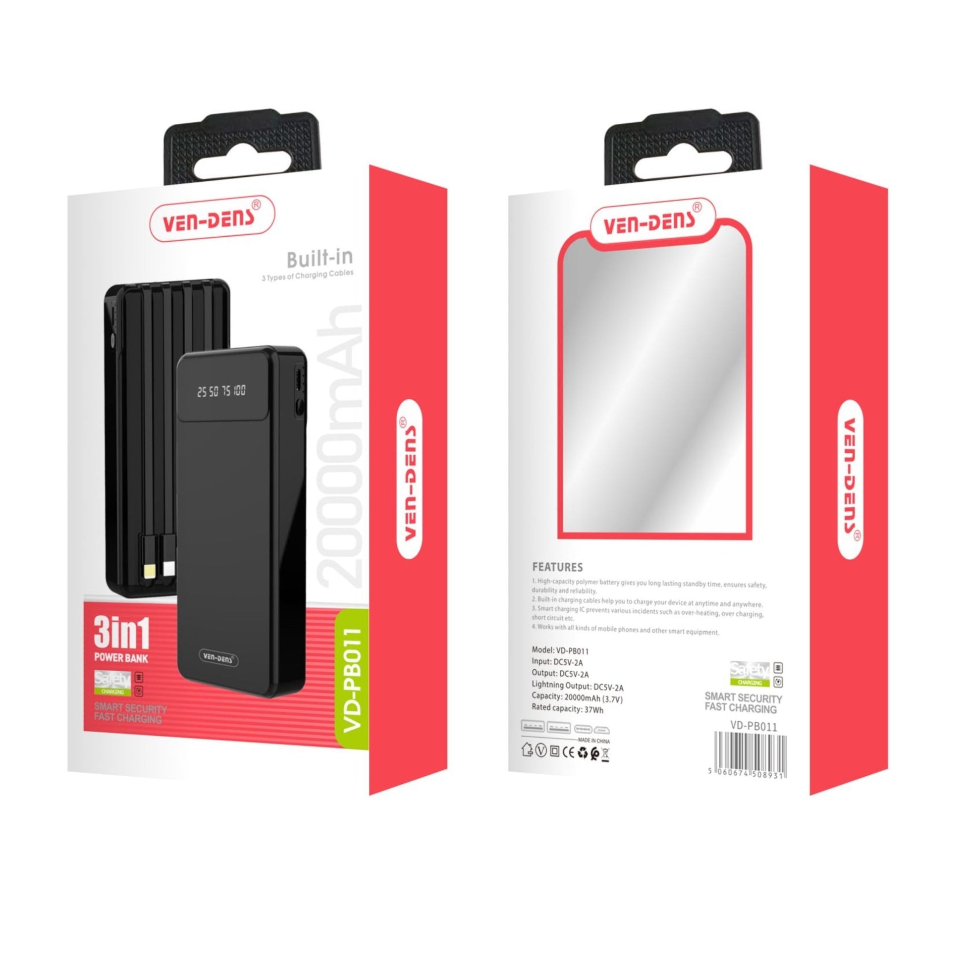 20000mAH Power Bank Fast Charging 3 Bulletin Universal Cables for Mobile Phones - Virk Tech Solutions