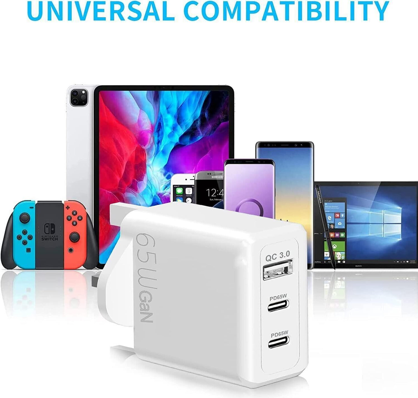 65W USB & Type-C 3-in-1 Portable Fast Wall Charger for iPhone, MacBook, Samsung