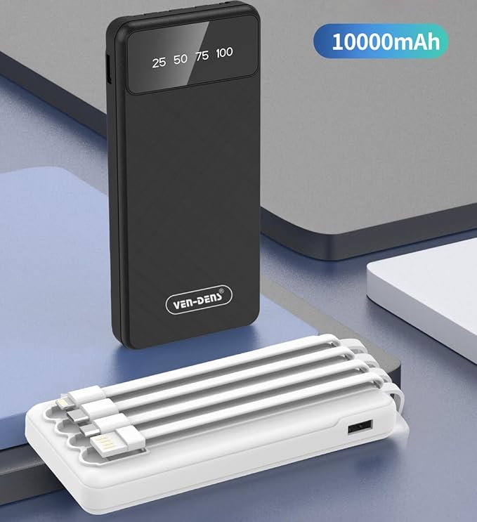 Portable Fast Charging Power Bank 10000mAH 4 Bulletin Cables for iPhone, Samsung