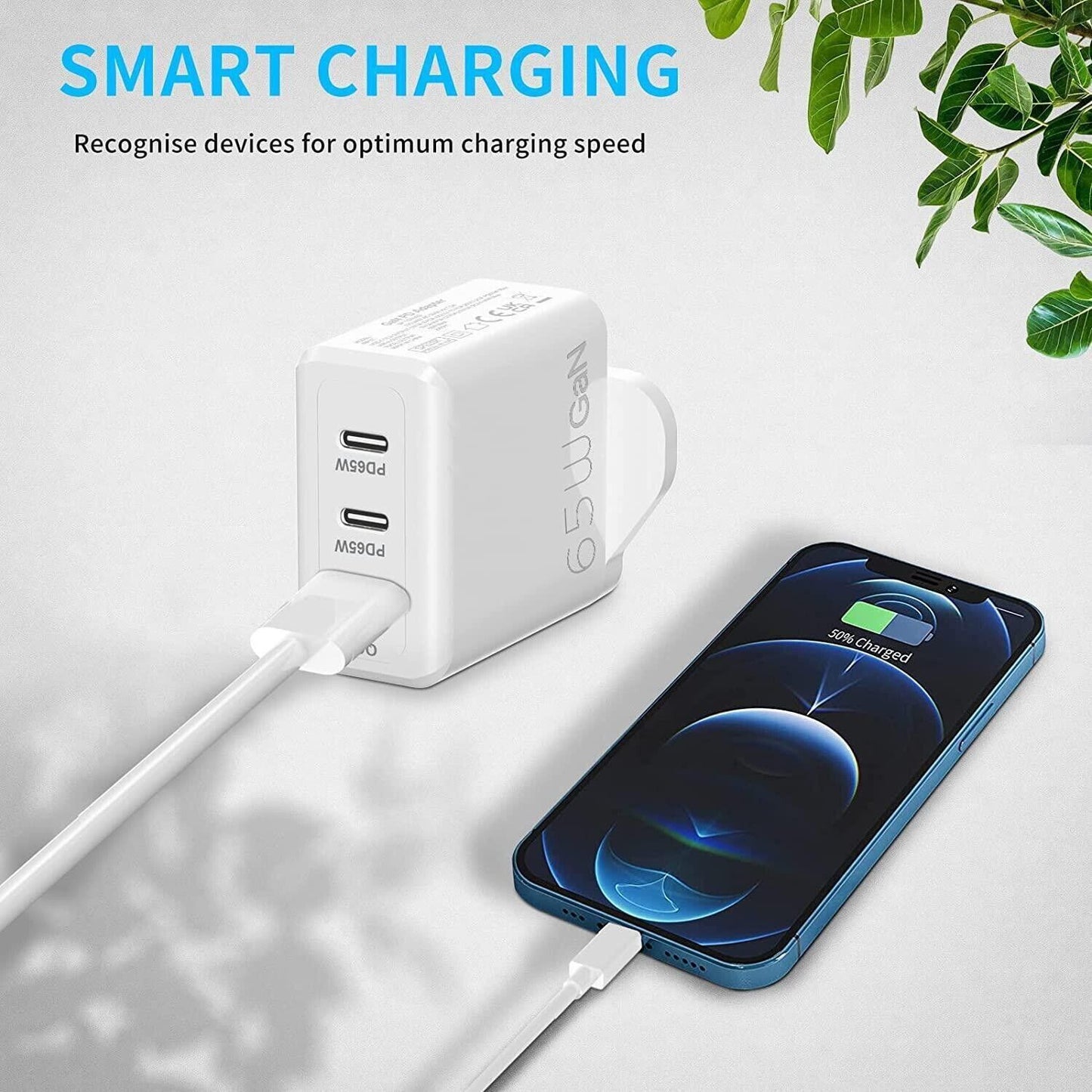 65W USB & Type-C 3-in-1 Portable Fast Wall Charger for iPhone, MacBook, Samsung