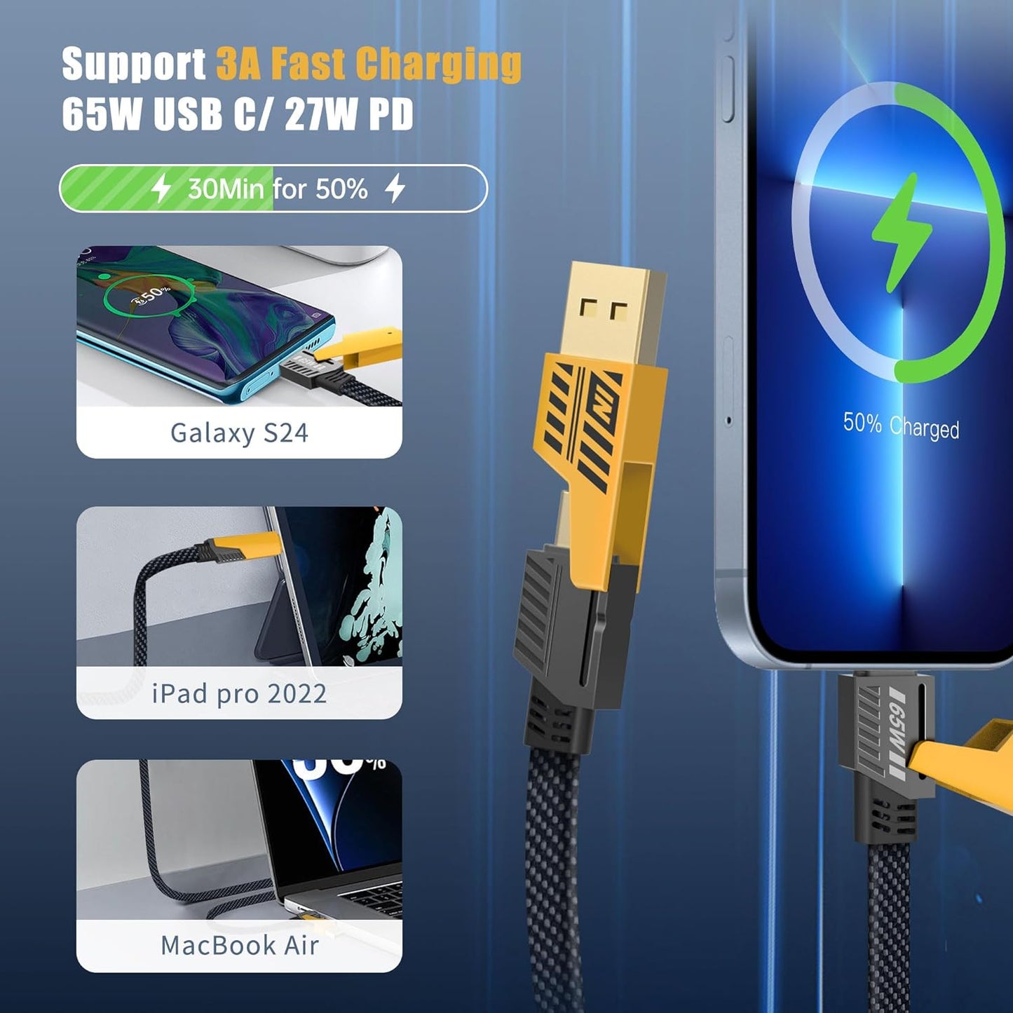 4 in 1 Gold Plated Heavy-Duty 65W Super Fast Charging Cable for all Phones