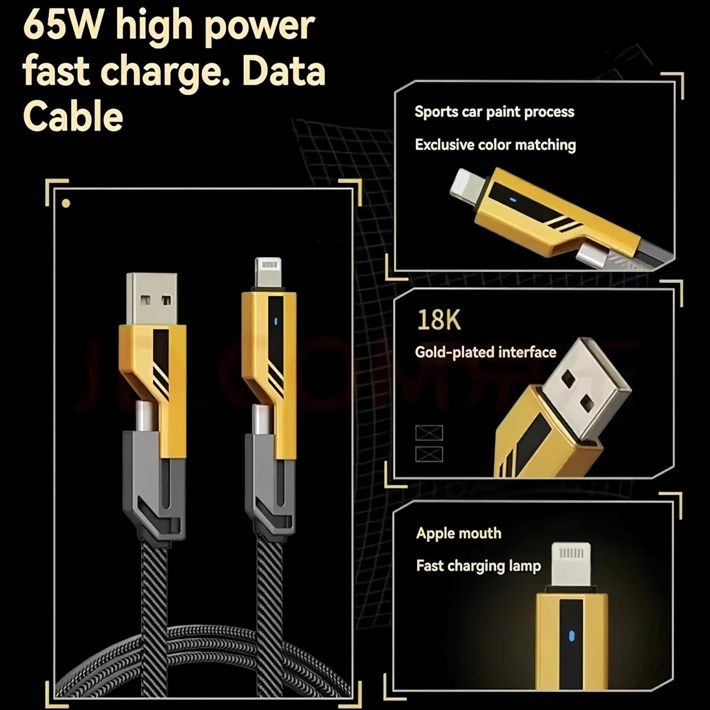 4 in 1 Gold Plated Heavy-Duty 65W Super Fast Charging Cable for all Phones