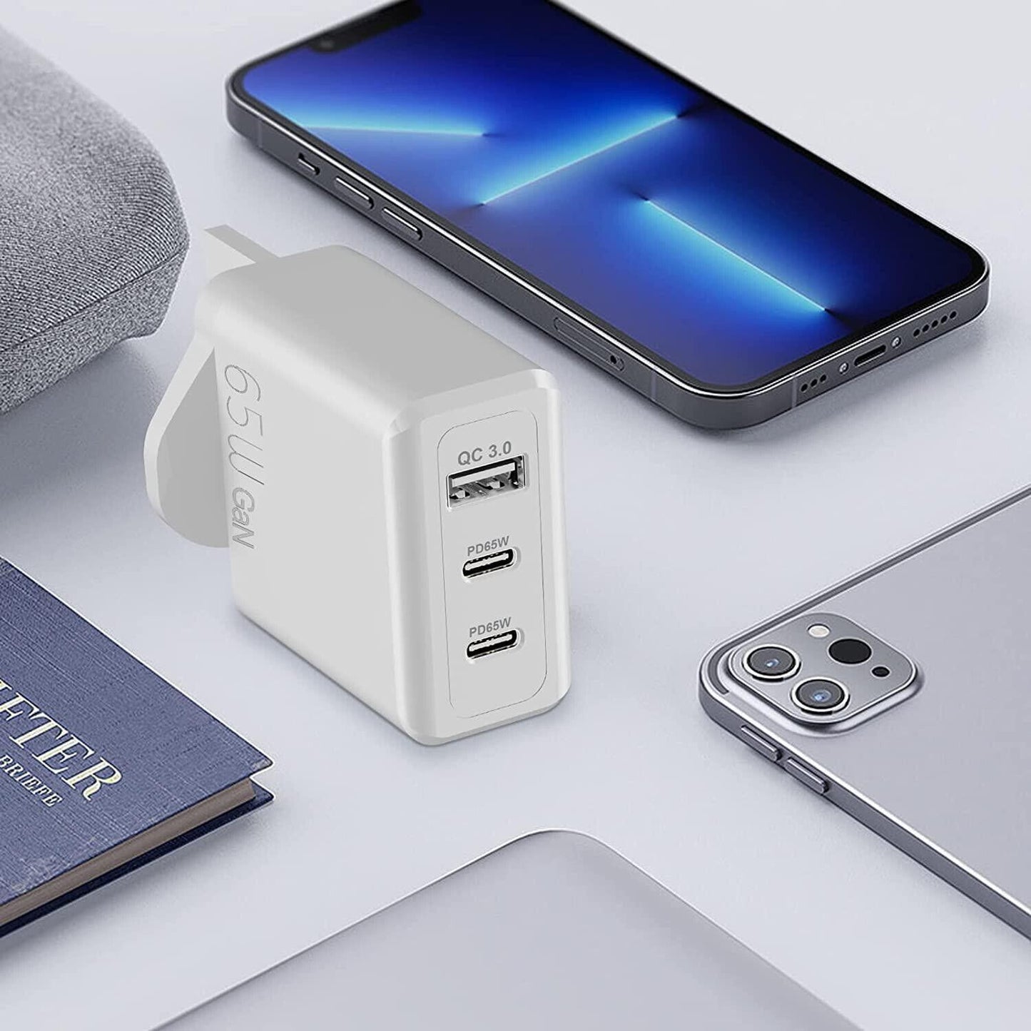 65W USB & Type-C 3-in-1 Portable Fast Wall Charger for iPhone, MacBook, Samsung