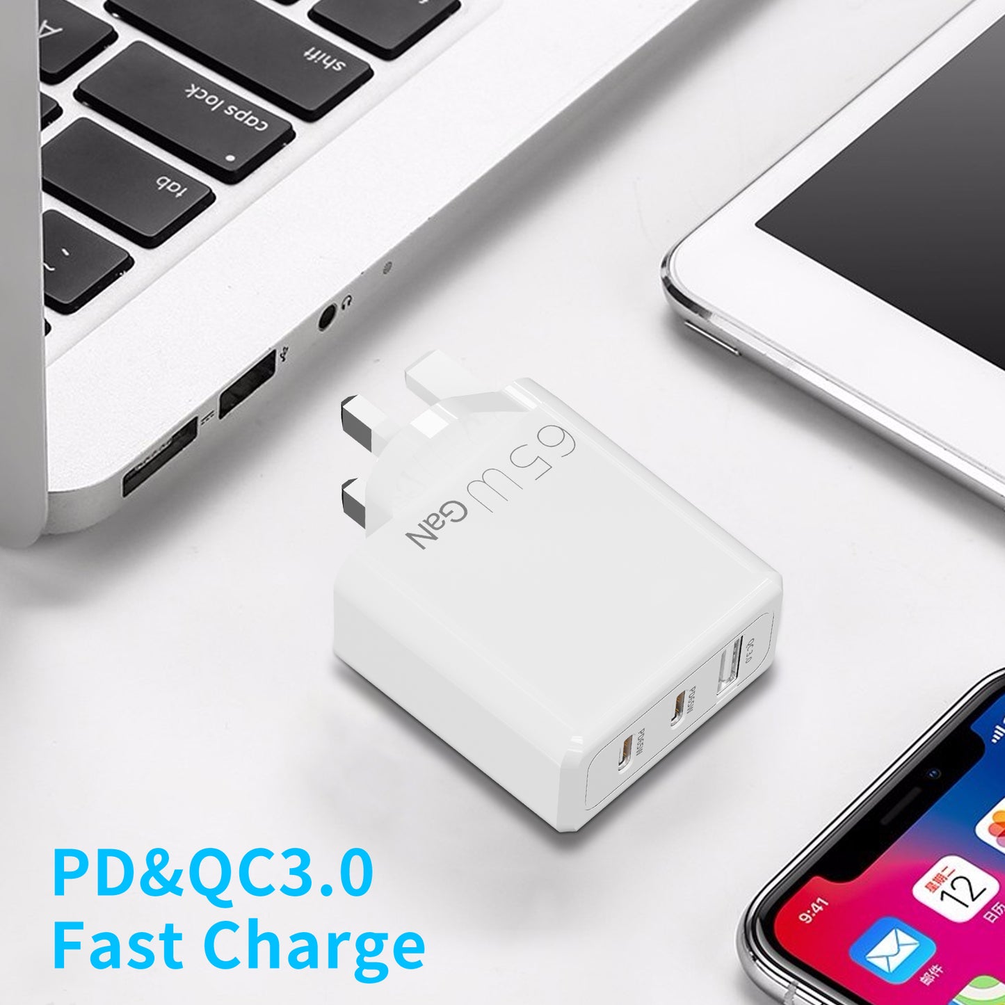 65W USB & Type-C 3-in-1 Portable Fast Wall Charger for iPhone, MacBook, Samsung