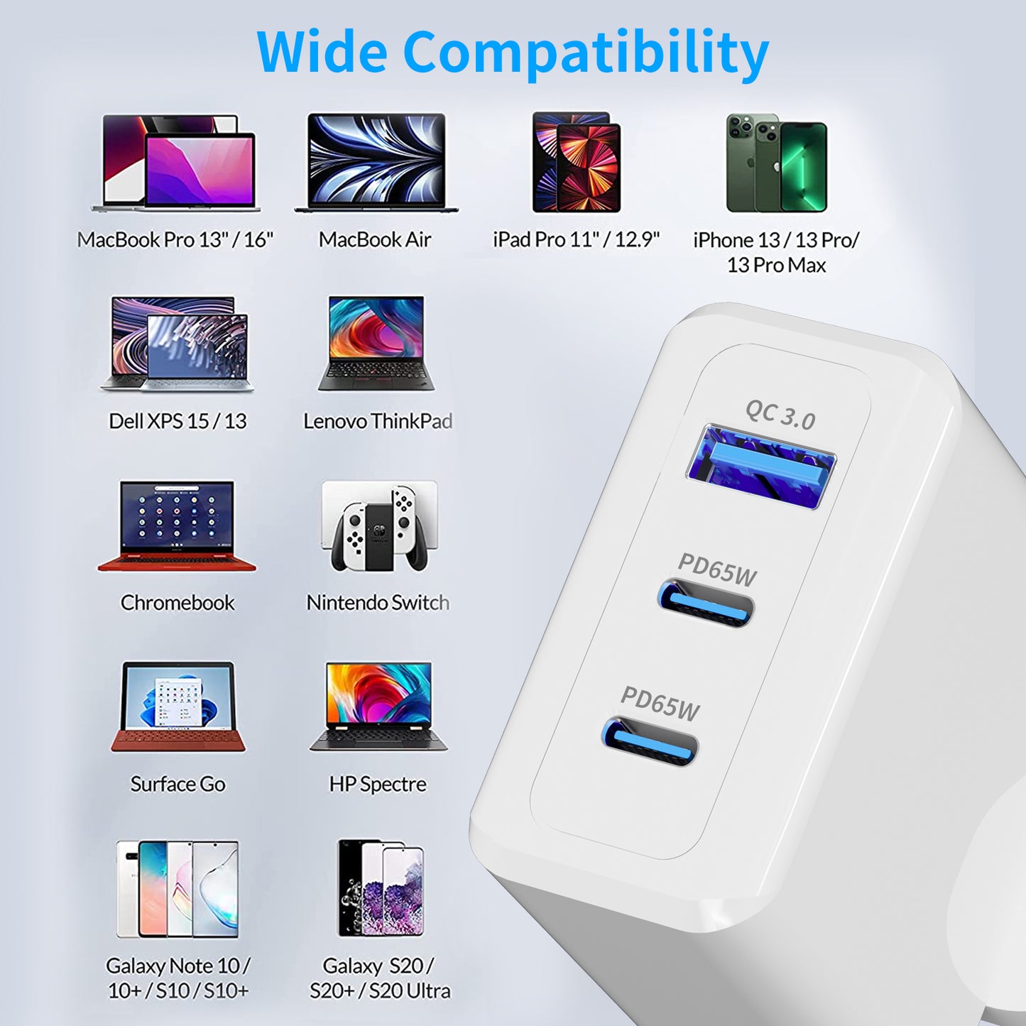 65W USB & Type-C 3-in-1 Portable Fast Wall Charger for iPhone, MacBook, Samsung