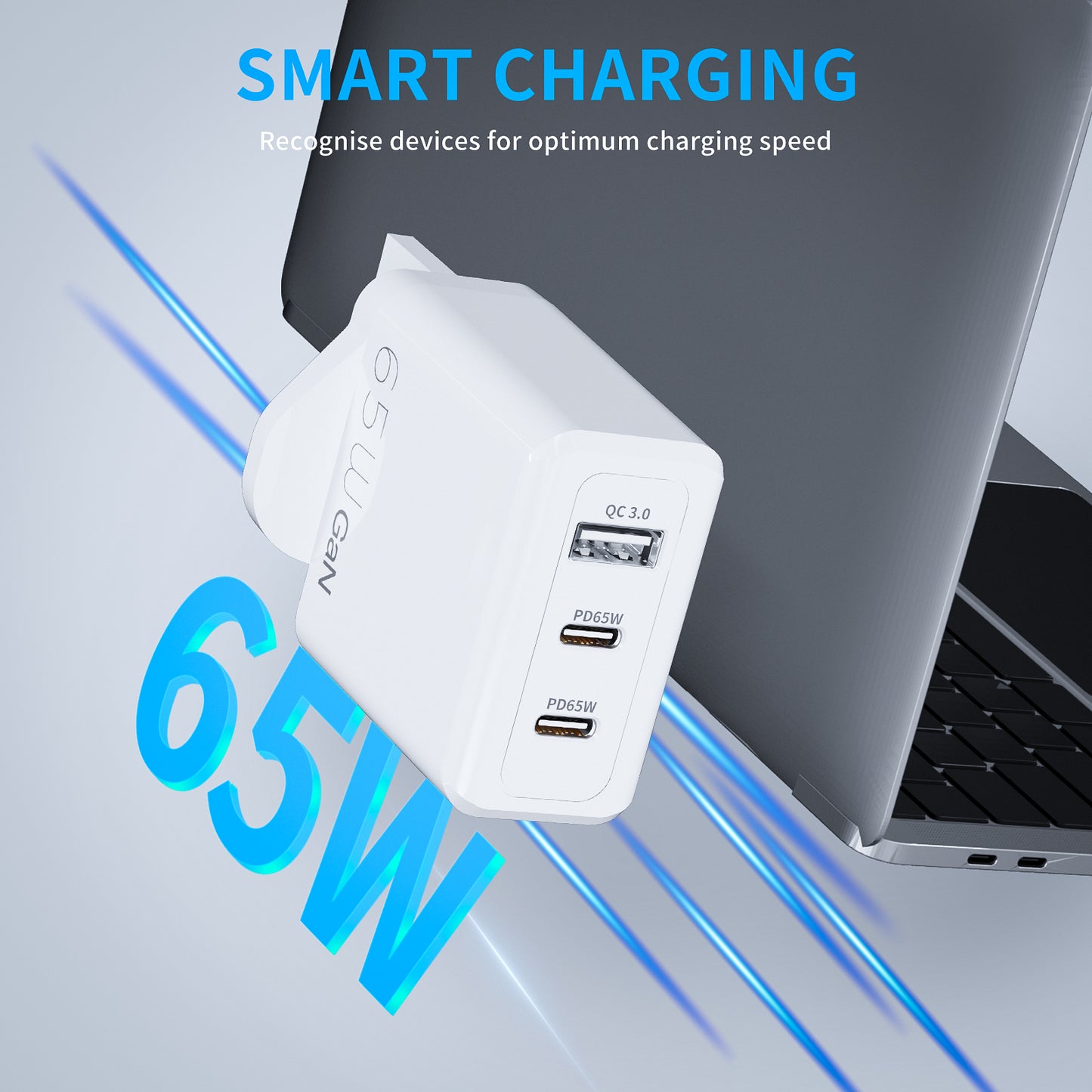 65W USB & Type-C 3-in-1 Portable Fast Wall Charger for iPhone, MacBook, Samsung