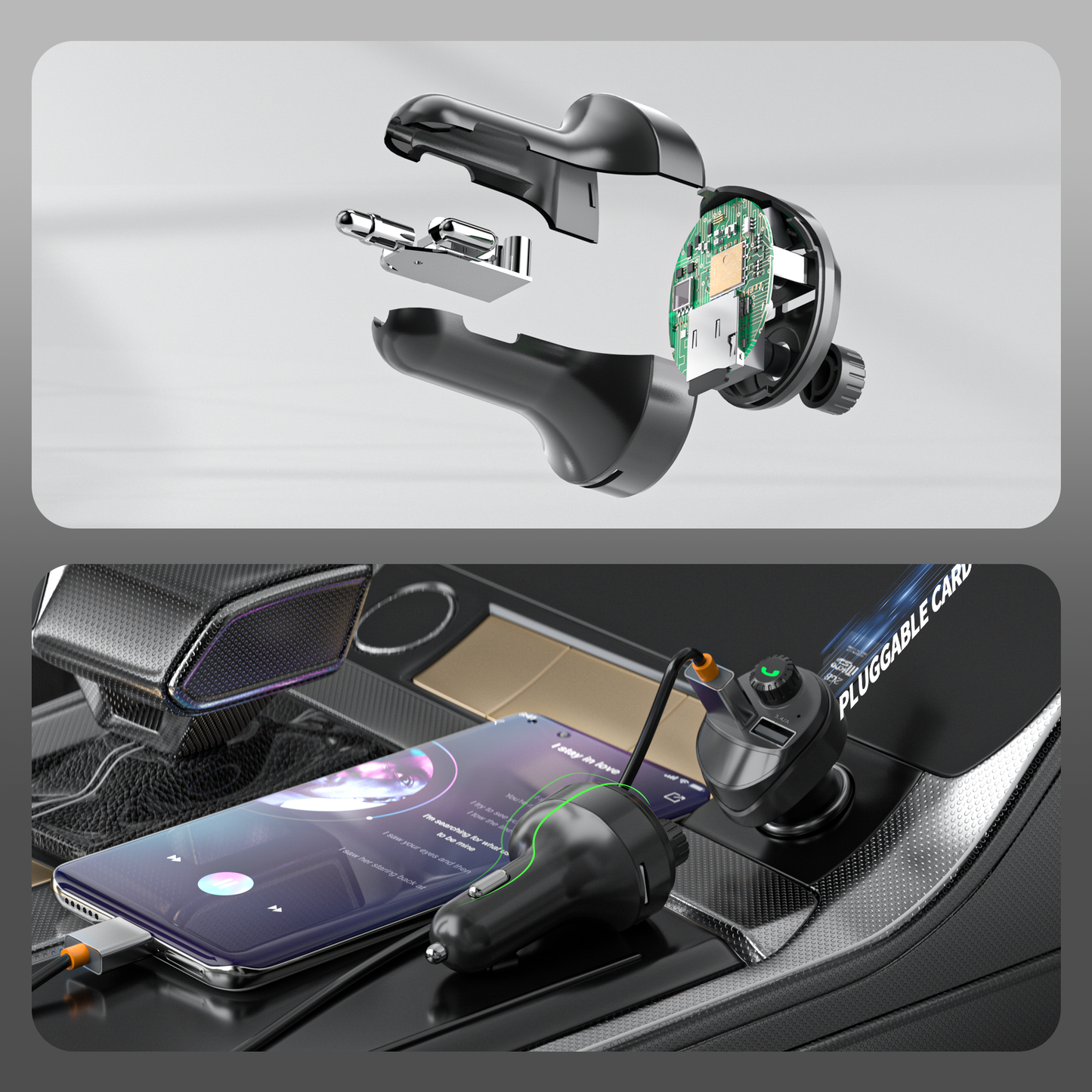 Wireless Fast Car Charger with FM Transmitter and Dual USB port for phones