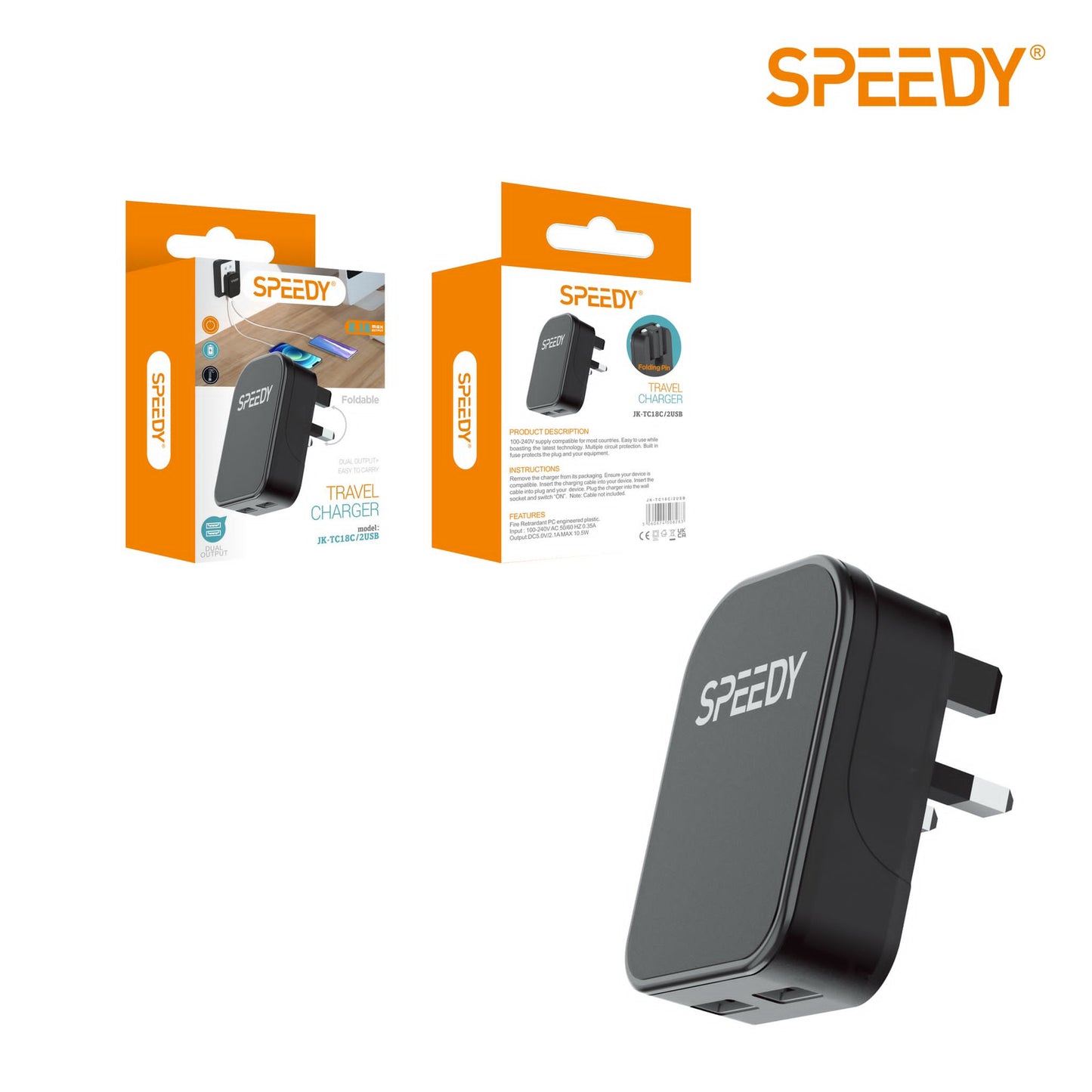 SPEEDY Travel Charger with Dual USB & Foldable Adapter for iPhone, Samsung