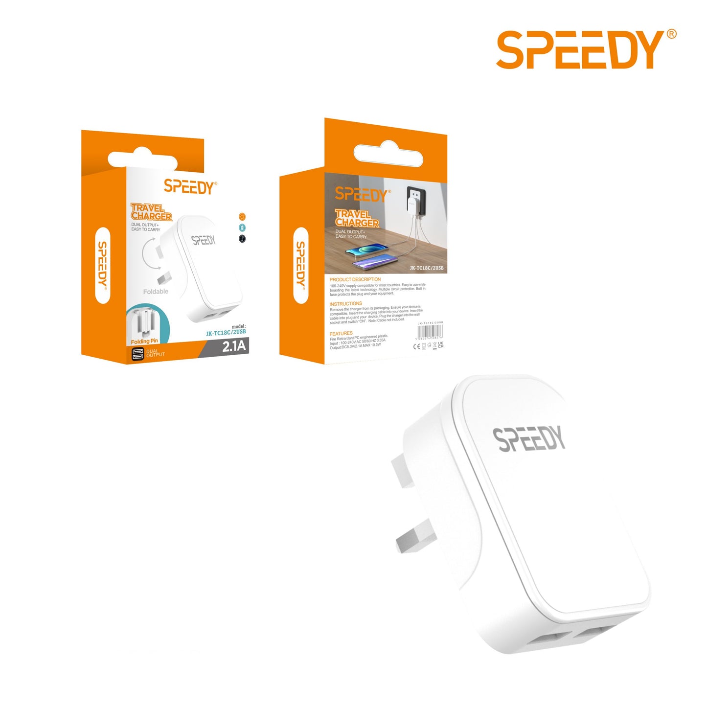 SPEEDY Travel Charger with Dual USB & Foldable Adapter for iPhone, Samsung