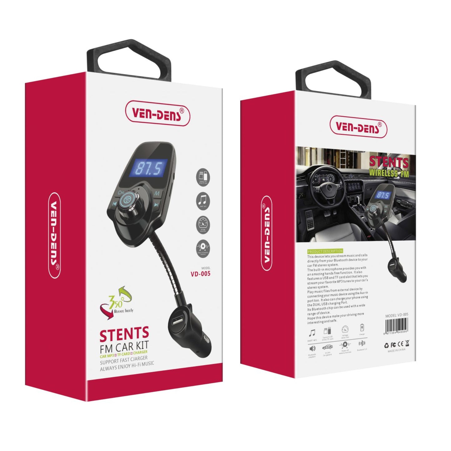 360 Wireless Car Kit Bluetooth Wireless FM Transmitter Compatible with Calls