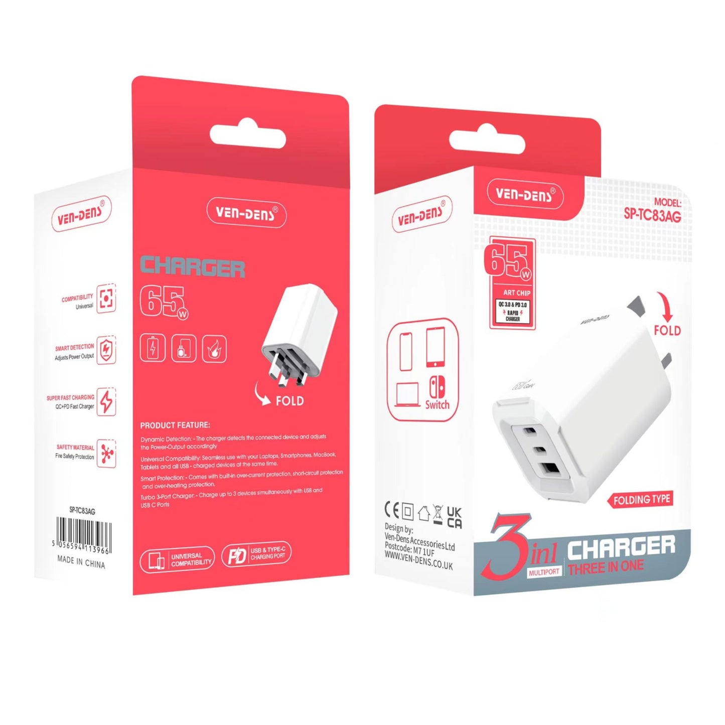 Ven Dens 65W GaN Charger USB & Type-C 3 in 1 Multi Port Charger Folding Plug (SP-TC83AG)