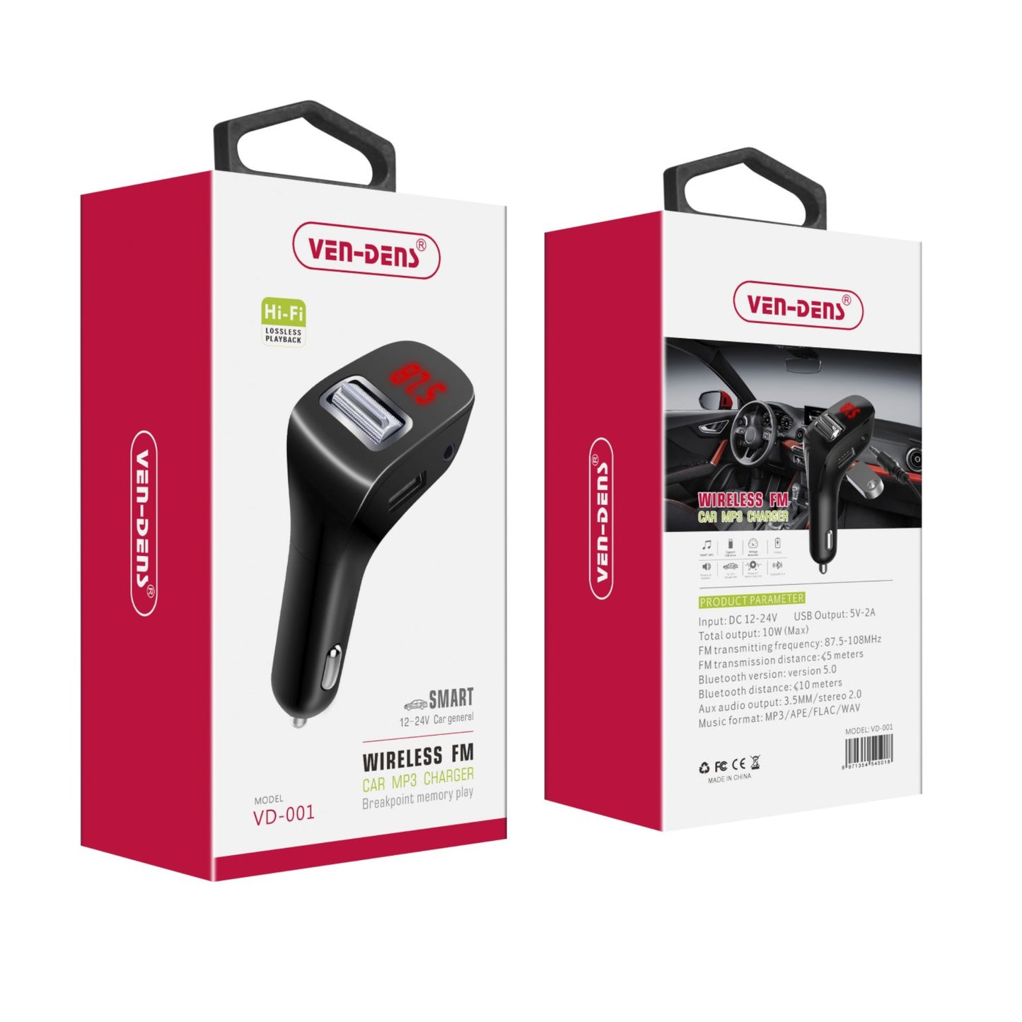 Ven Dens Car Charger and Bluetooth FM Player with USB and Aux Port (VD-001)