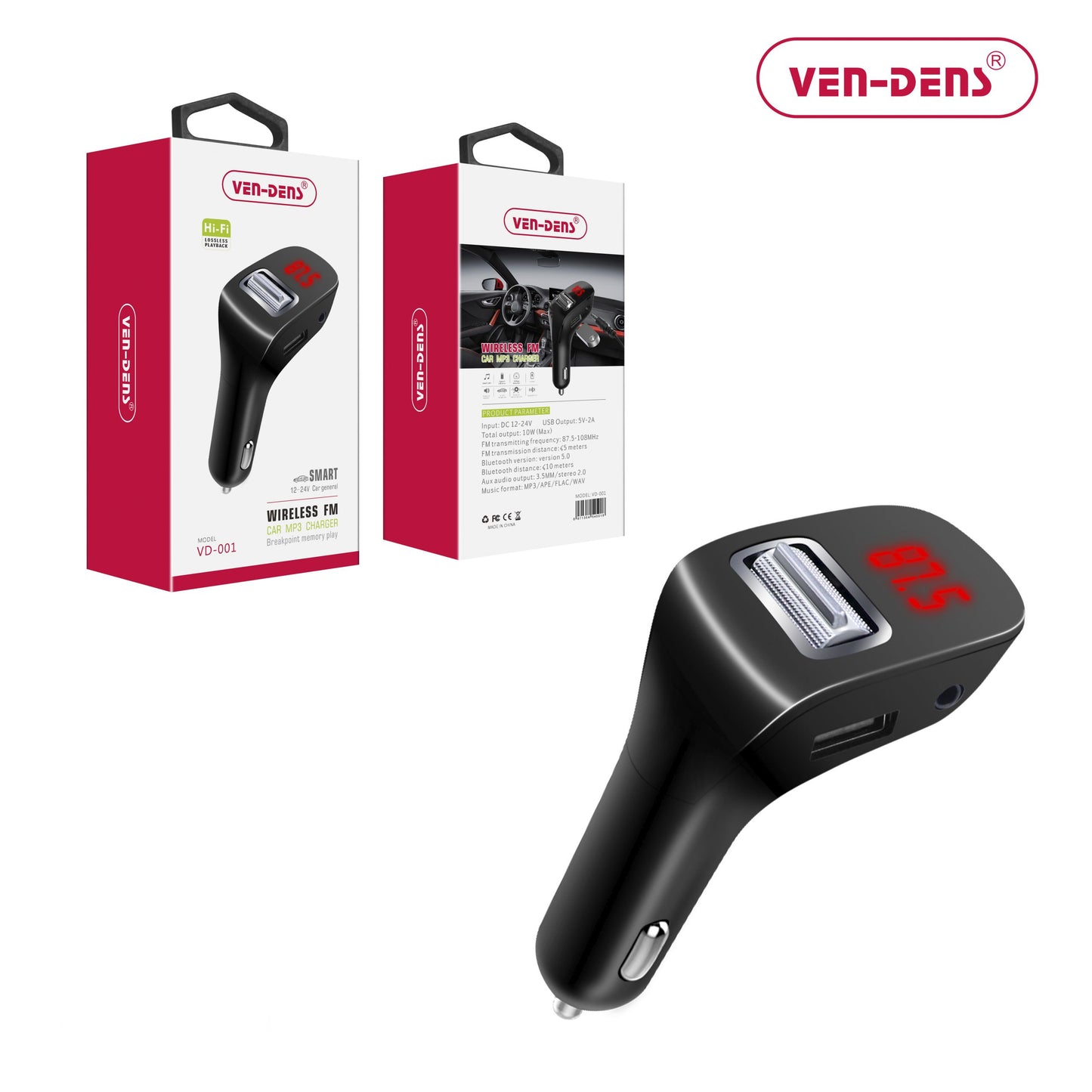 Ven Dens Car Charger and Bluetooth FM Player with USB and Aux Port (VD-001)