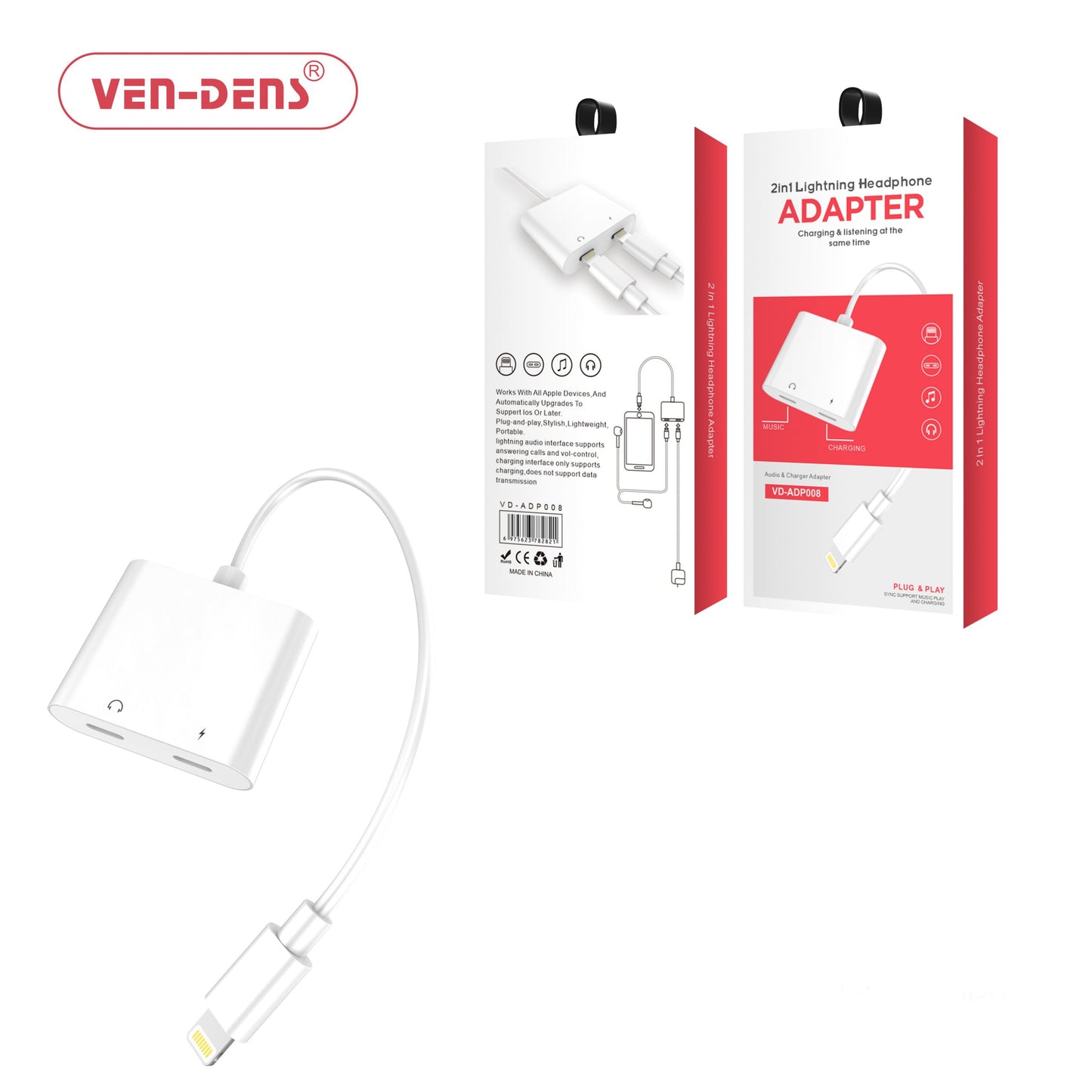 Ven Dens 2 In 1 Lightnning Headphone and Charging Adapter (VD-ADP008)