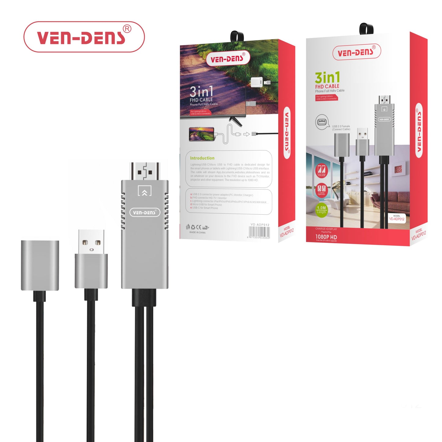 3 in 1 iPhone, USB, Micro to HDMI TV/HDTV Video Converter Cable 4K For phone