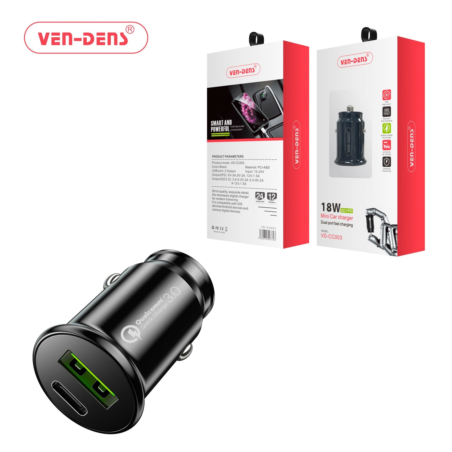 Ven Dens Car Charger 18W Mini PD + USB (VD-CC003)