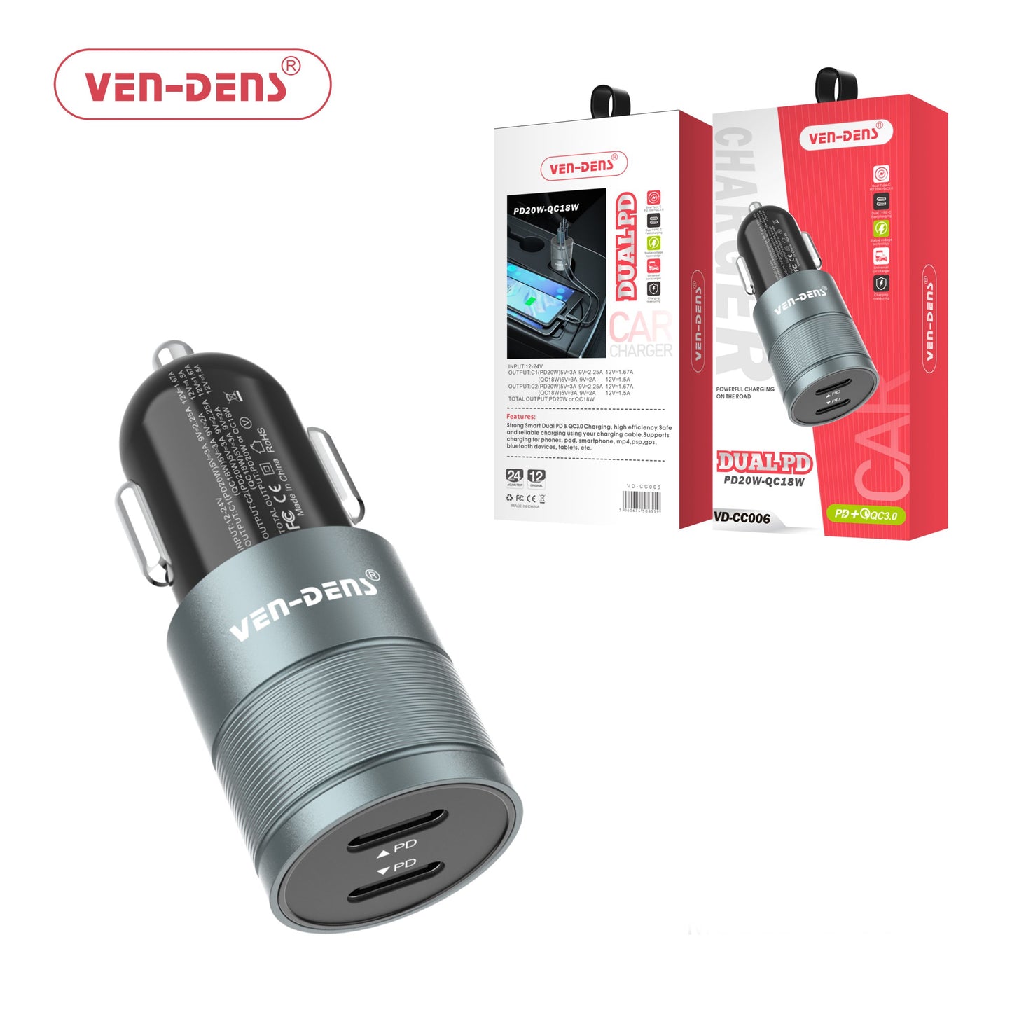 Ven Dens Dual Port PD 20W Car Charger (VD-CC006)