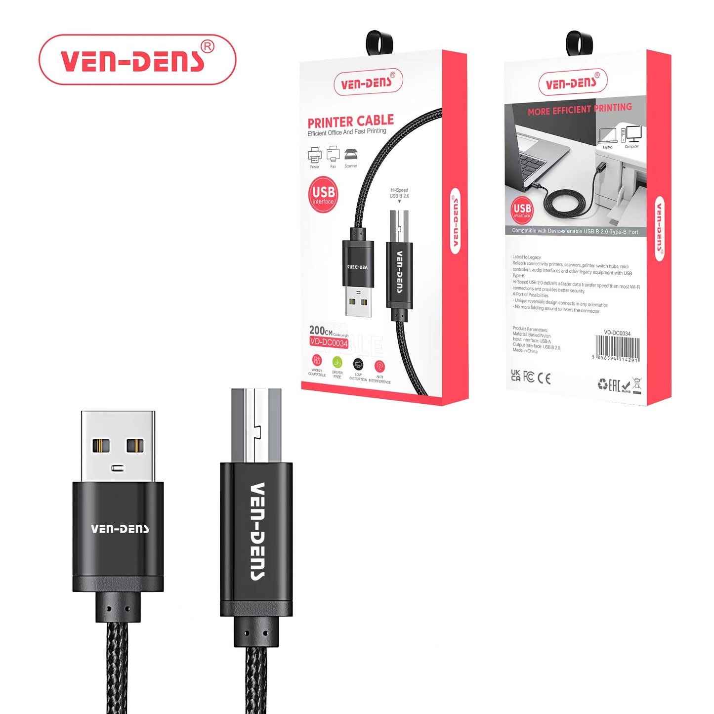 2M USB 2.0 High-Speed USB-A To USB-B Printer Cable For Label Printer