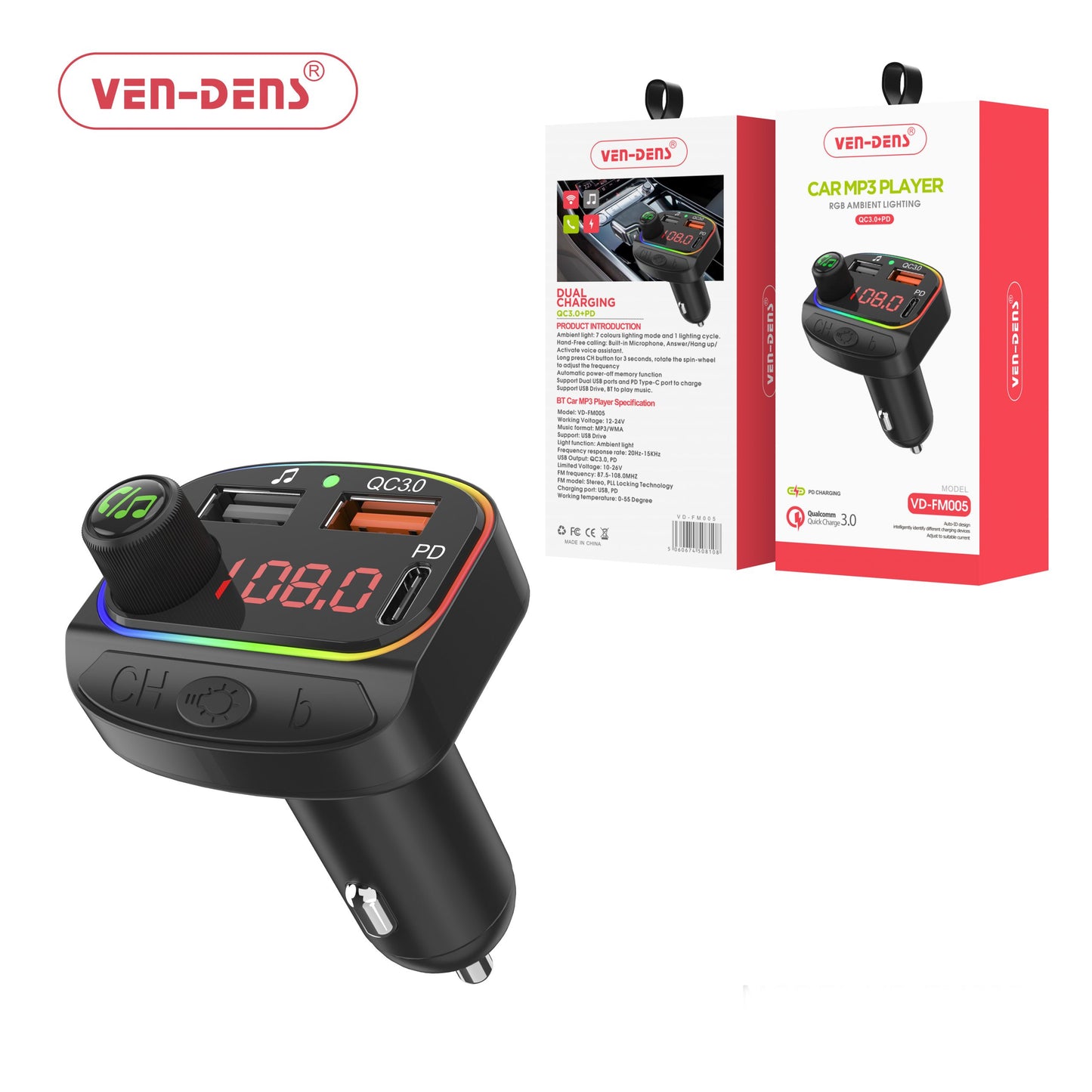 Ven Dens Car Charger & FM Player With 2 USB QC3.0+ PD (VD-FM005)