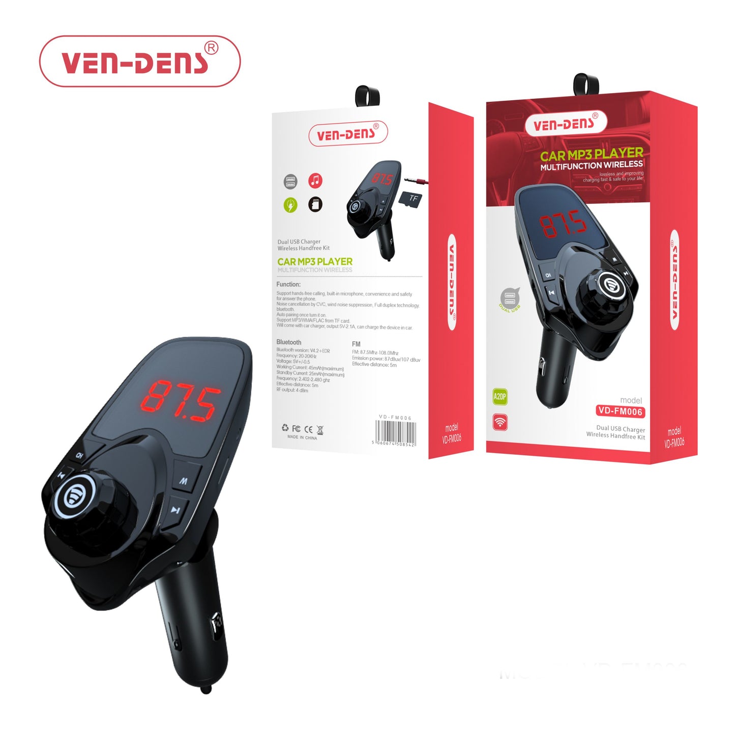 Ven Dens Car Charger and Bluetooth FM Player with TF and Aux Port (VD-FM006)