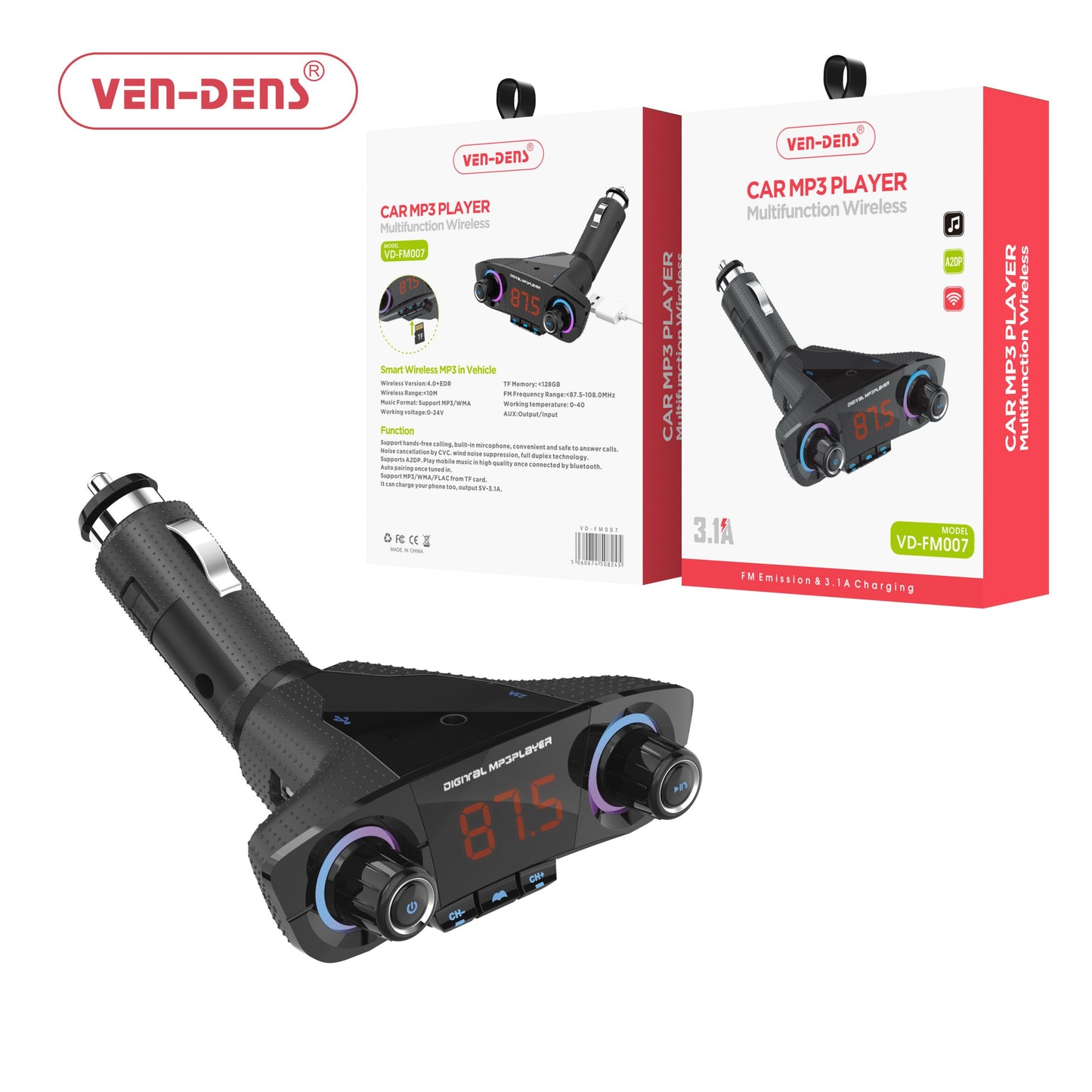 Ven Dens Car Charger & FM Player with USB TF and Aux Port (VD-FM007)