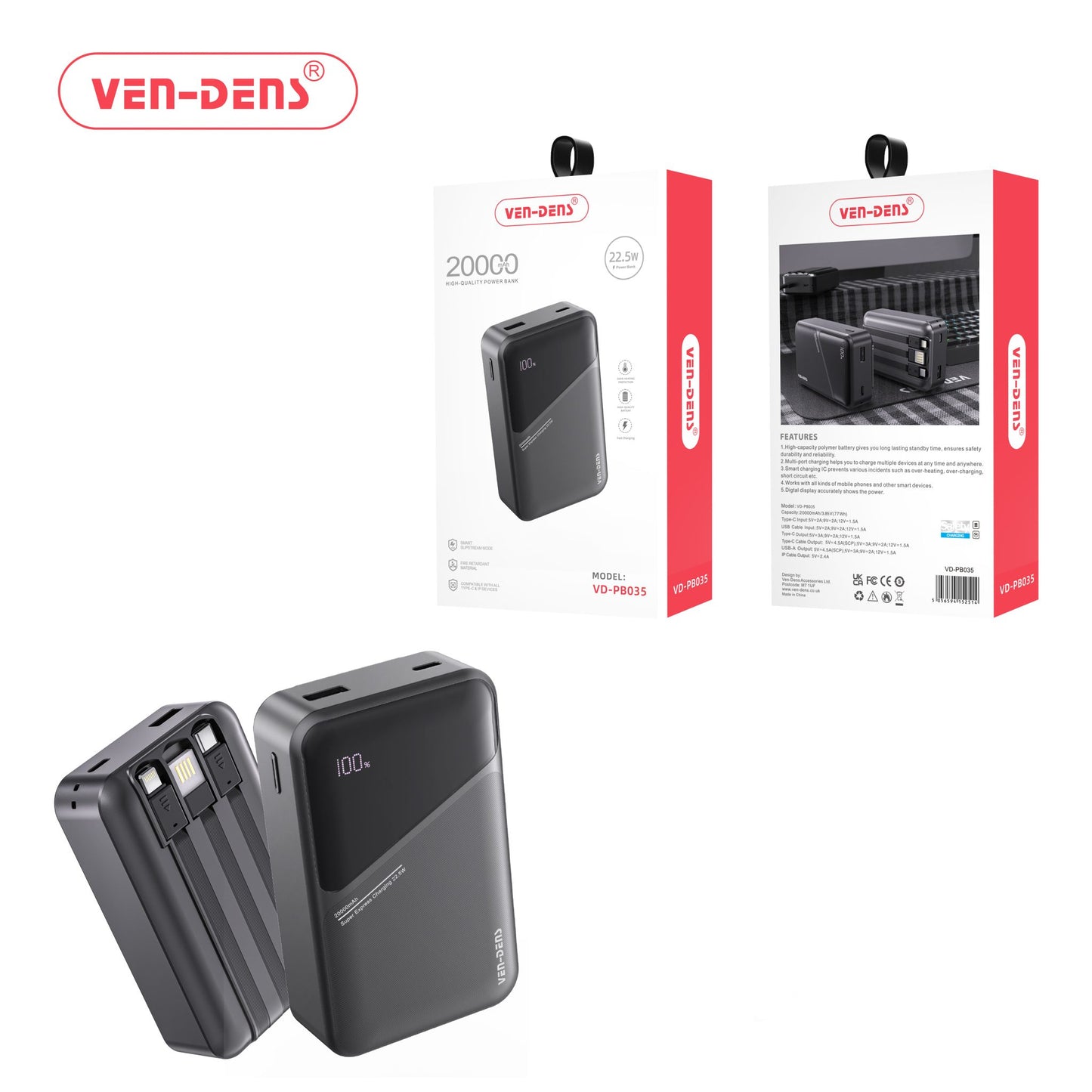 20000mAH Power Bank Fast Charging 3 Types of Universal Cables for Mobile Phones