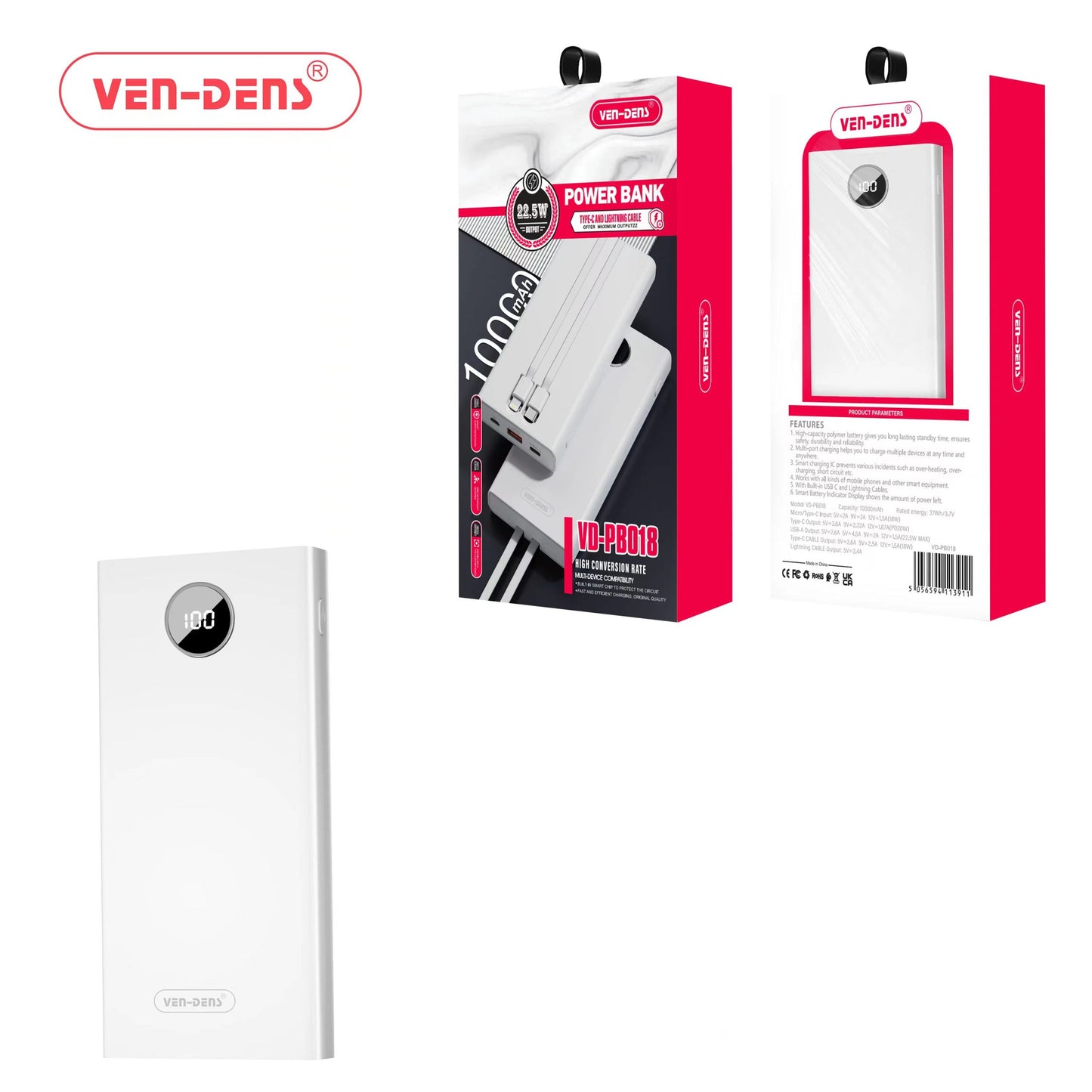 Ven Dens Power Bank 10000mAh Portable Charger 22.5W with Type c & Lightnning Cable (VD-PB018)