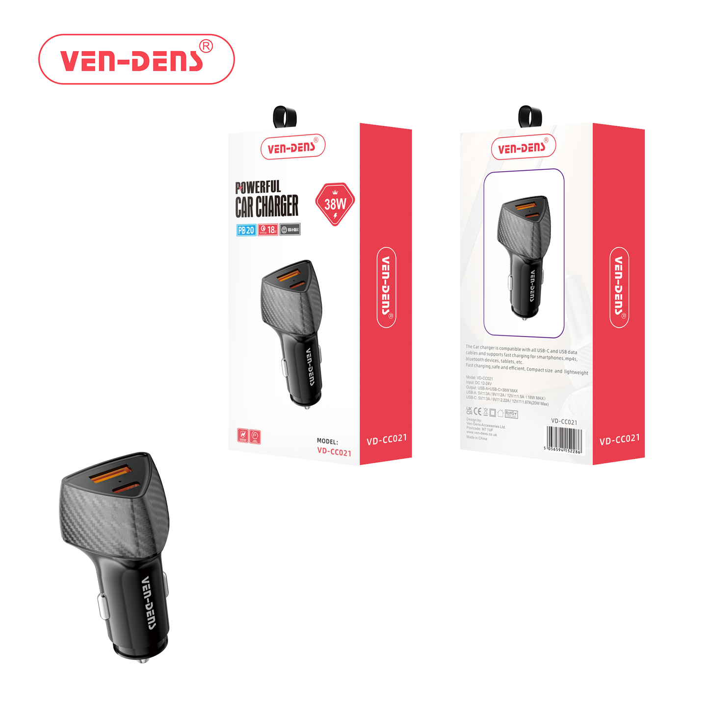 Dual Port Fast Charging Type-C Car Charger of 38W Compatible with all Phones