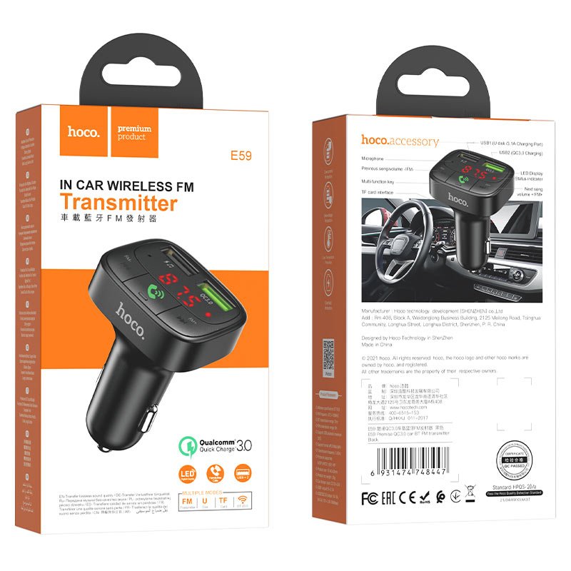 Hoco Car charger “E59 Promise” QC3.0 BT FM transmitter - Virk Tech Solutions