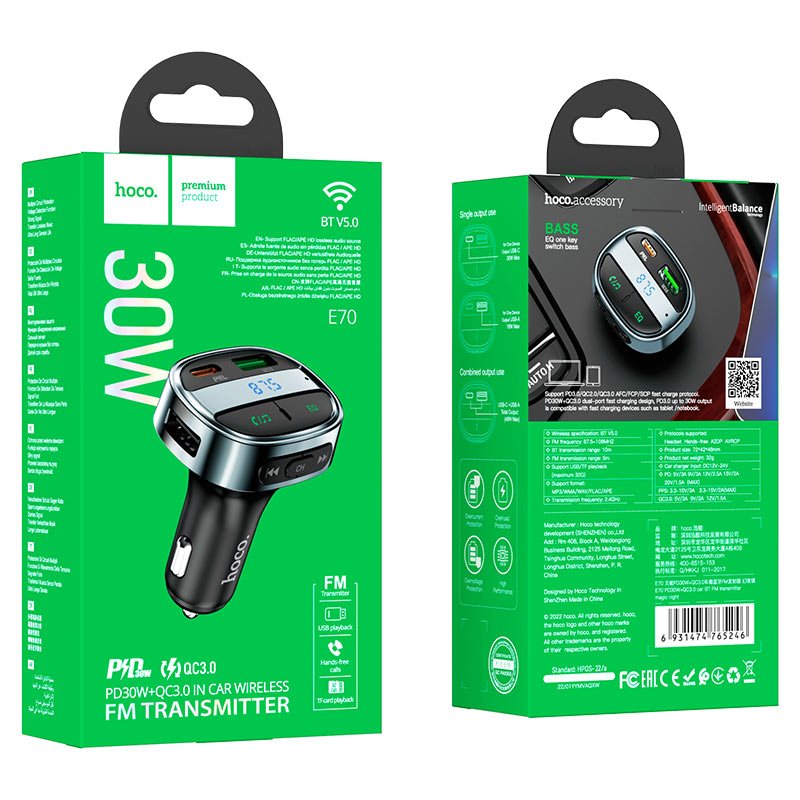 Hoco Car charger “E70” PD30W+QC3.0 with wireless FM transmitter - Virk Tech Solutions