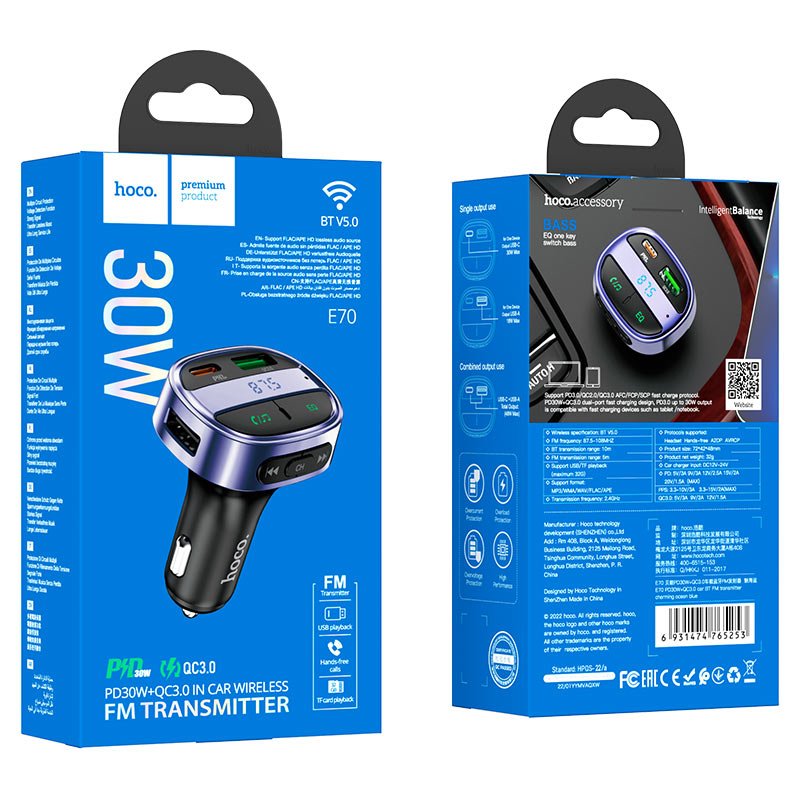 Hoco Car charger “E70” PD30W+QC3.0 with wireless FM transmitter - Virk Tech Solutions