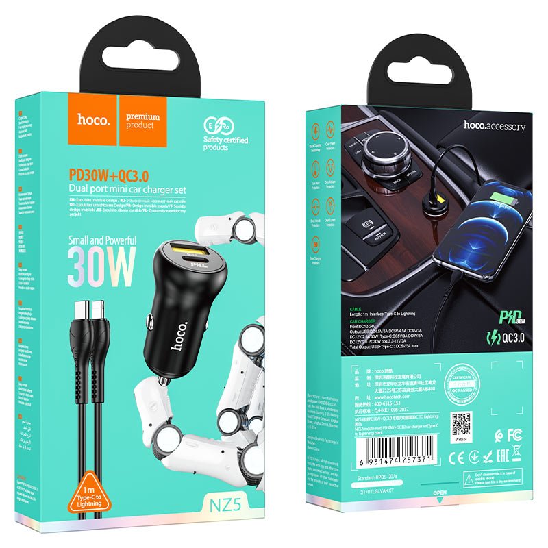 Hoco Car charger “NZ5 Smooth road” PD30W+QC3.0 set with lightnning cable - Virk Tech Solutions