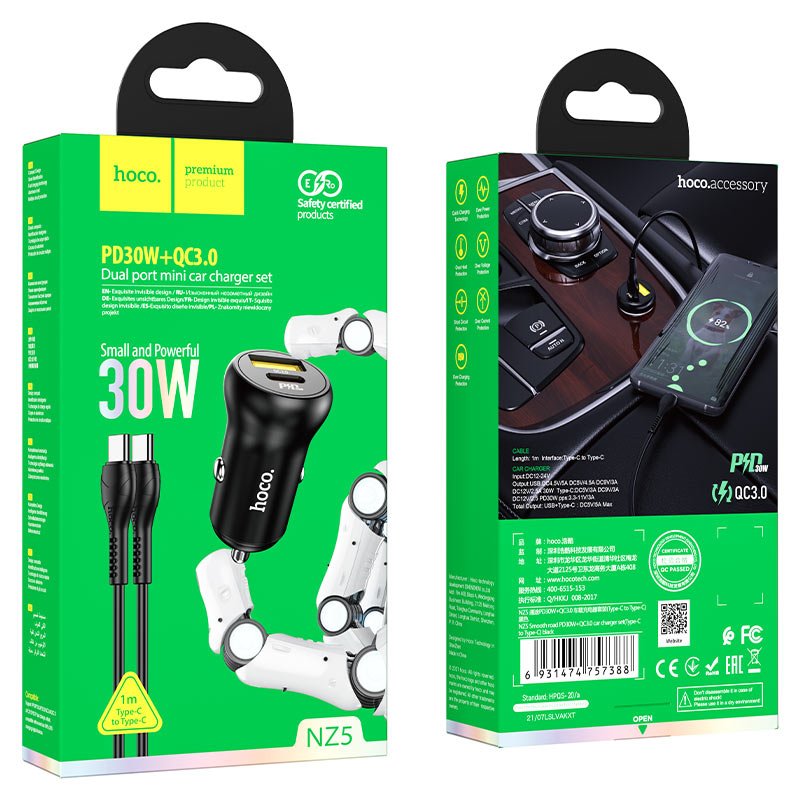 Hoco Car charger “NZ5 Smooth road” PD30W+QC3.0 set with type-C cable - Virk Tech Solutions