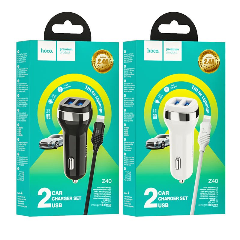 Hoco Car charger “Z40 Superior” dual port set with lightnning cable - Virk Tech Solutions