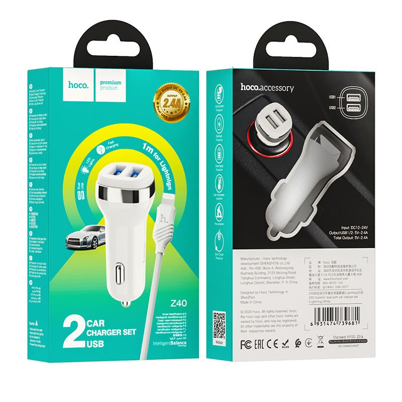 Hoco Car charger “Z40 Superior” dual port set with lightnning cable - Virk Tech Solutions