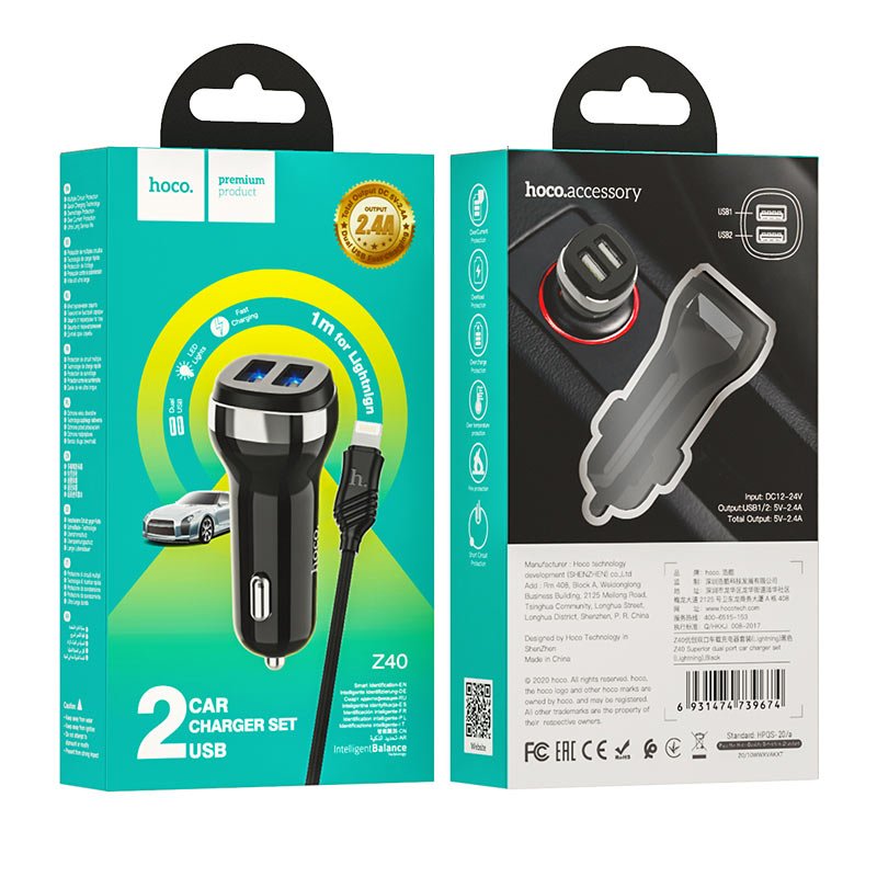 Hoco Car charger “Z40 Superior” dual port set with lightnning cable - Virk Tech Solutions