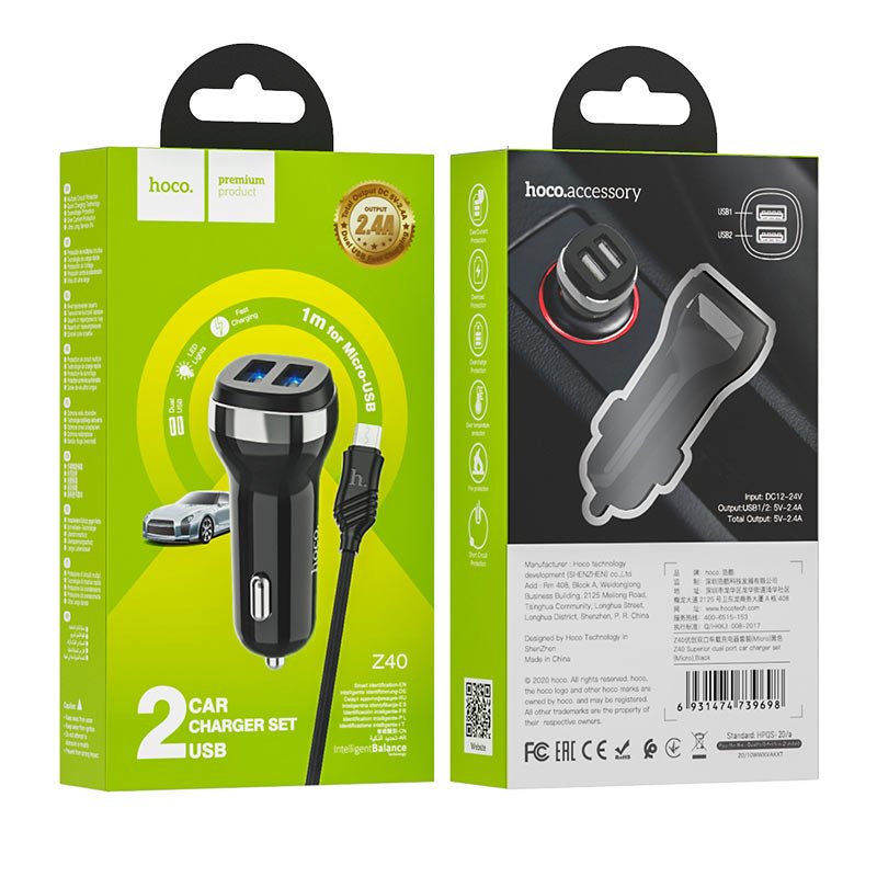 Hoco Car charger “Z40 Superior” dual port set with micro-USB cable - Virk Tech Solutions