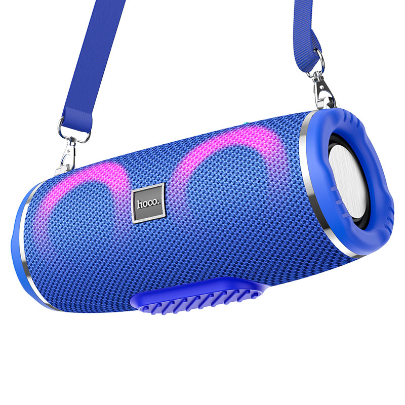 a blue speaker with a blue strap hanging from it