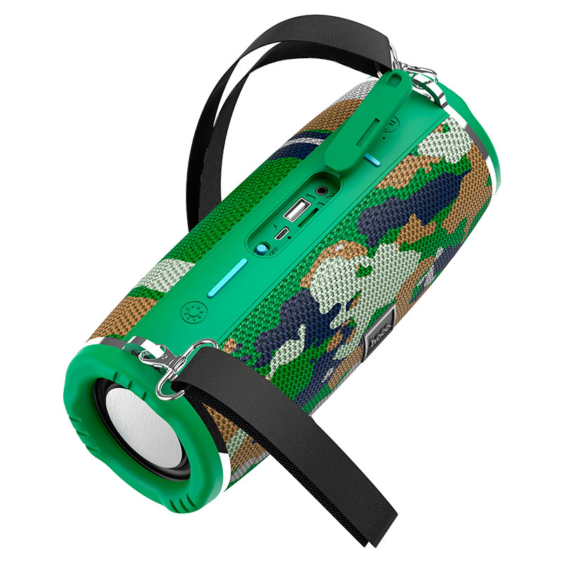 a green and black speaker with a green handle