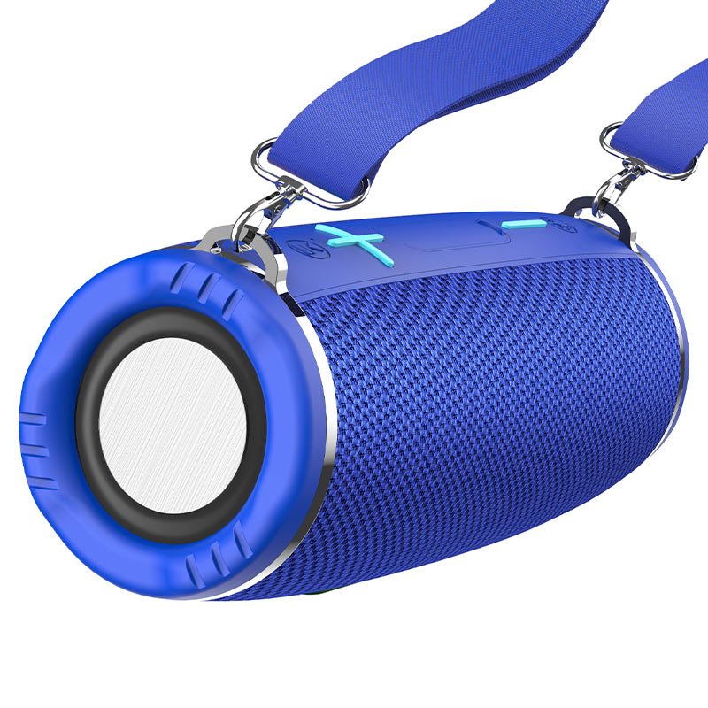 a blue portable speaker with a blue strap