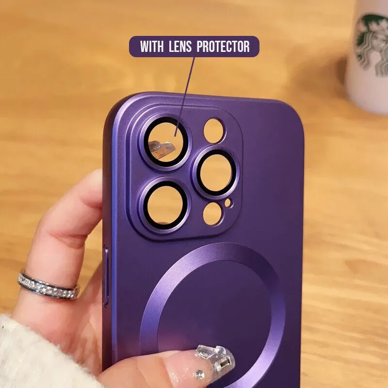 a person holding a purple cell phone with a sticker on it