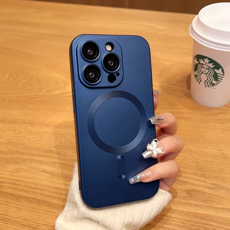 a woman's hand holding up a blue phone case